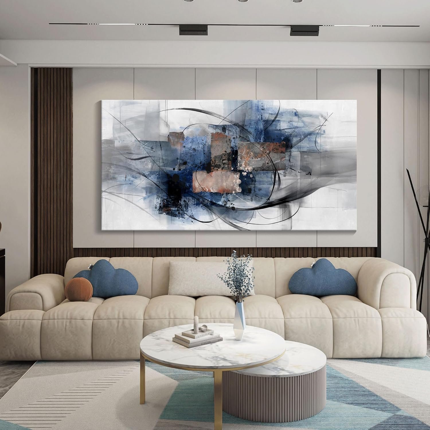Mofutinpo Black and Blue Abstract Wall Art: Large, Modern Canvas Wall Art for Living Room, Bedroom, Office Decorations – Blue, Grey, Black and White Wall Decor Paintings & Pictures 20×40