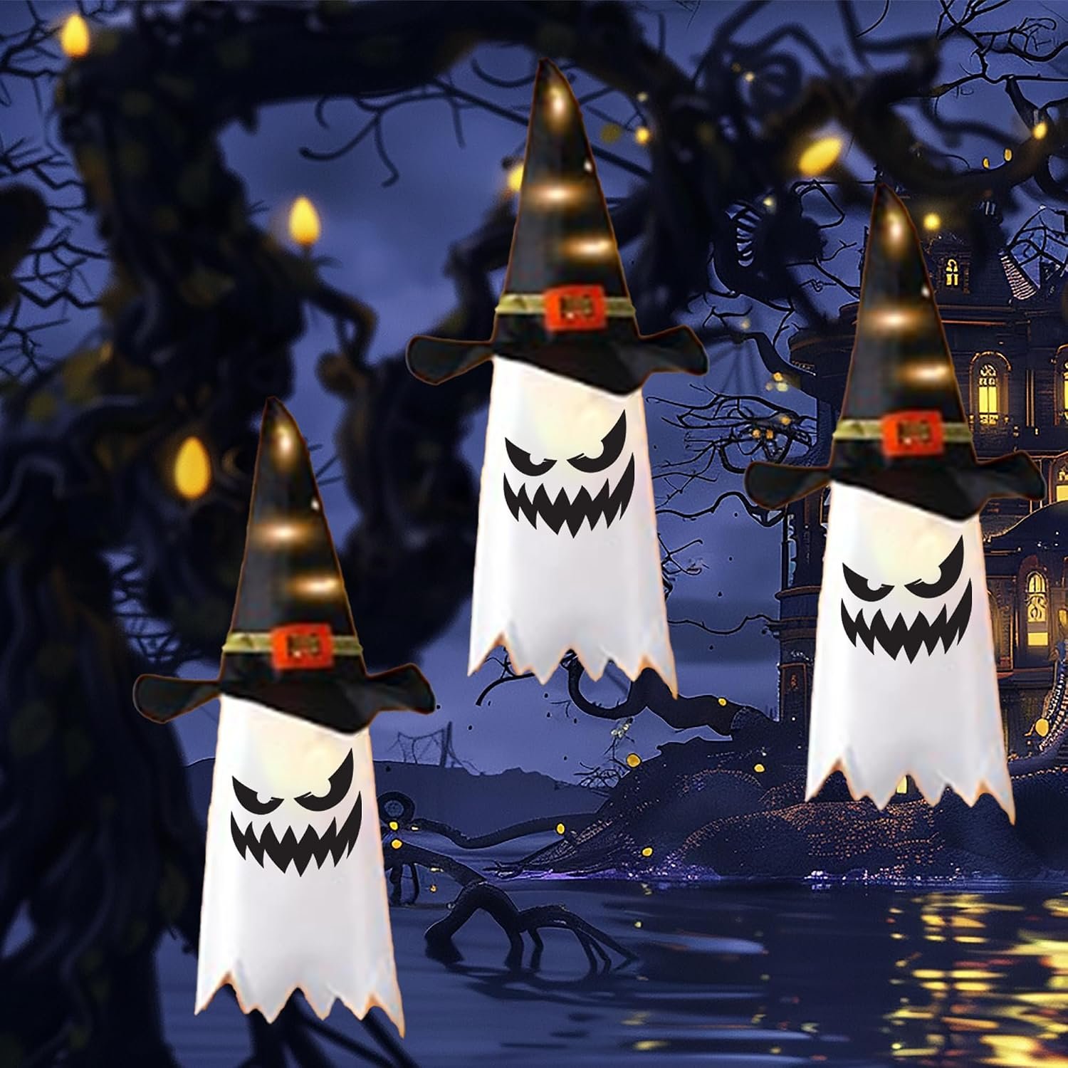 Halloween Light-Up Ghost Set of 3, Scary Face on Ghosts, Indoor & Outdoor Spooky Decor, Uses 3 Double A Batteries for Longer Lasting Lights, Hanging Decoration for Holiday and Parties, by BASHOUT