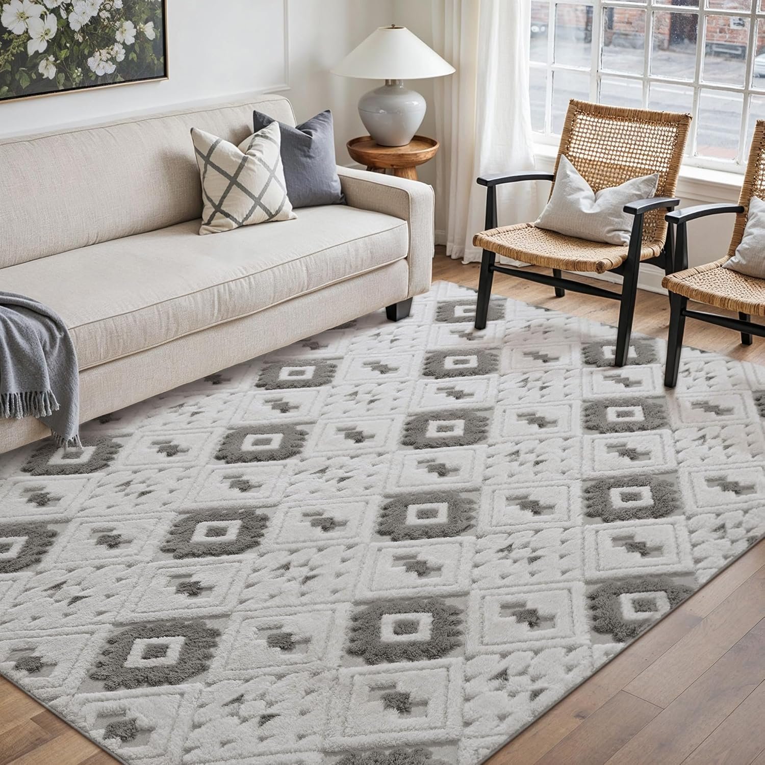 5×8 Grey and Ivory Shag Rug for Living Room Washable Checkered Area Rug Neutral Soft Non Shedding Non Slip Durable Geomtric Boho Carpet Bedroom Office Playroom Dining Room Classroom