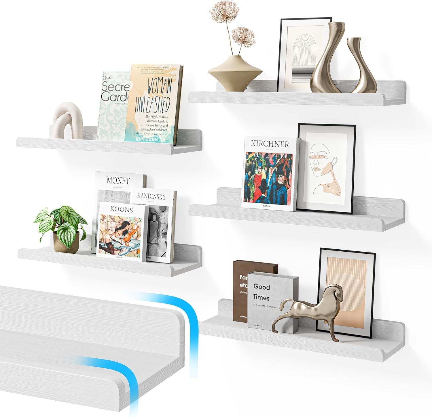 YUFLINX 16’’White Floating Shelves for Wall with Anti-Crash Design Set of 6,Nursery Book Shelves for Room Decor/Storage/Display,Hanging Wall Shelves for Bedroom, Bathroom, Living Room,Kids Room