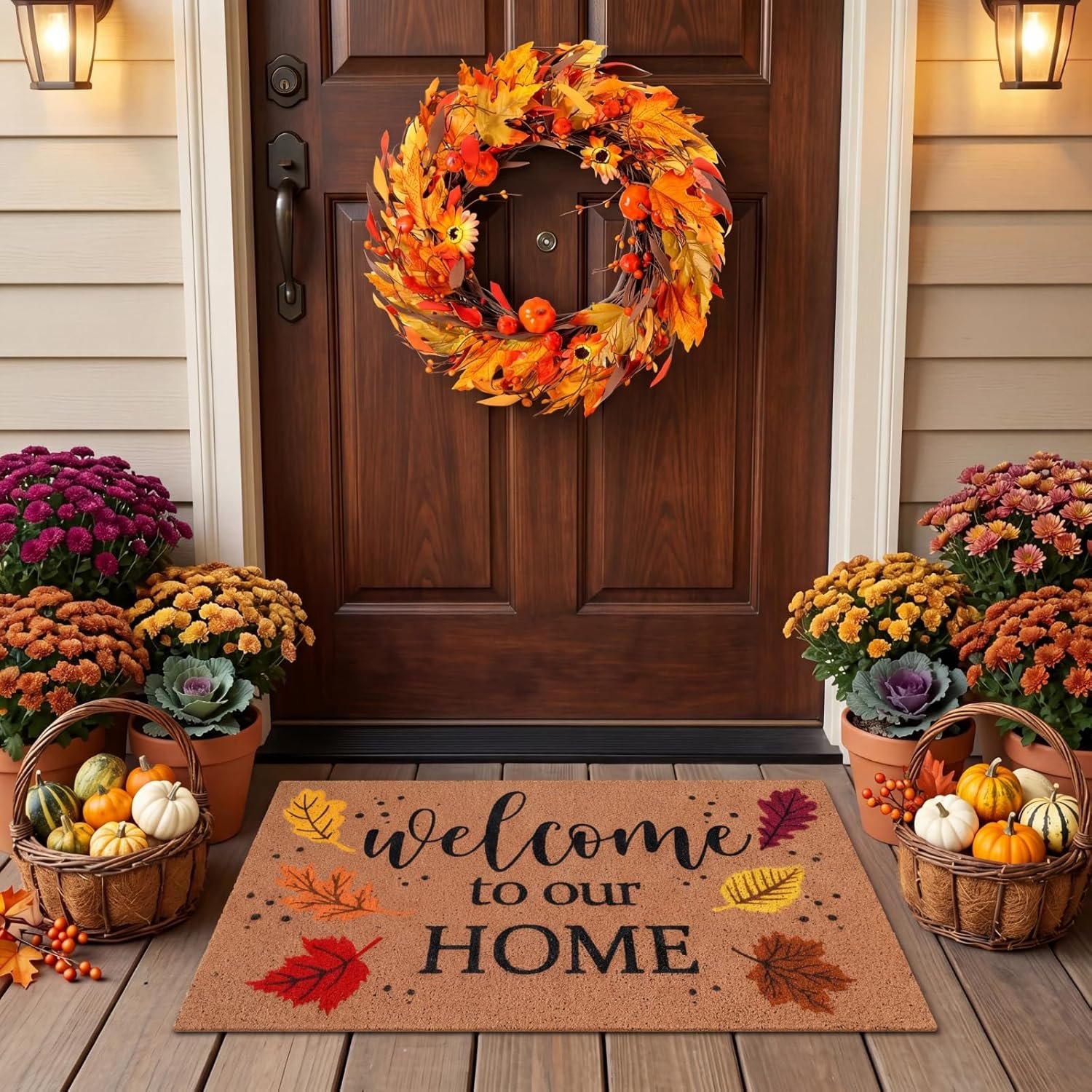 Tingjoo 2 Pcs Thanksgiving Welcome Doormat Outdoor and Fall Maple Leaves Wreath Sets Autumn Front Door Doormat and Wreath Thanksgiving Decor for Front Porch Entryway Outside Patio Porch Garden Decor