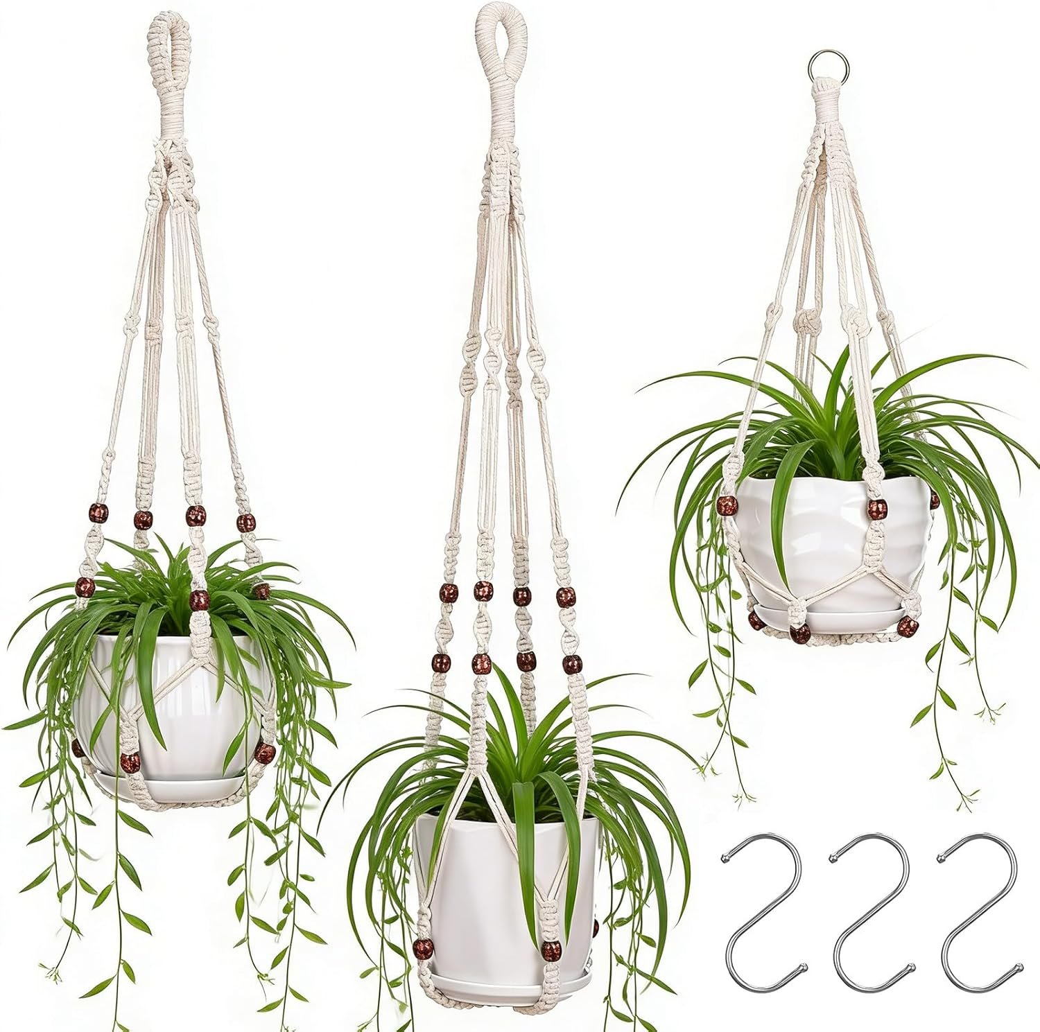 YIBOT 3 Pack Macrame Plant Hangers Indoor Different Size Hanging Planter Basket Flower Pot Holder with Beads No Tassels 35″/29″/23″(POTS NOT Included)