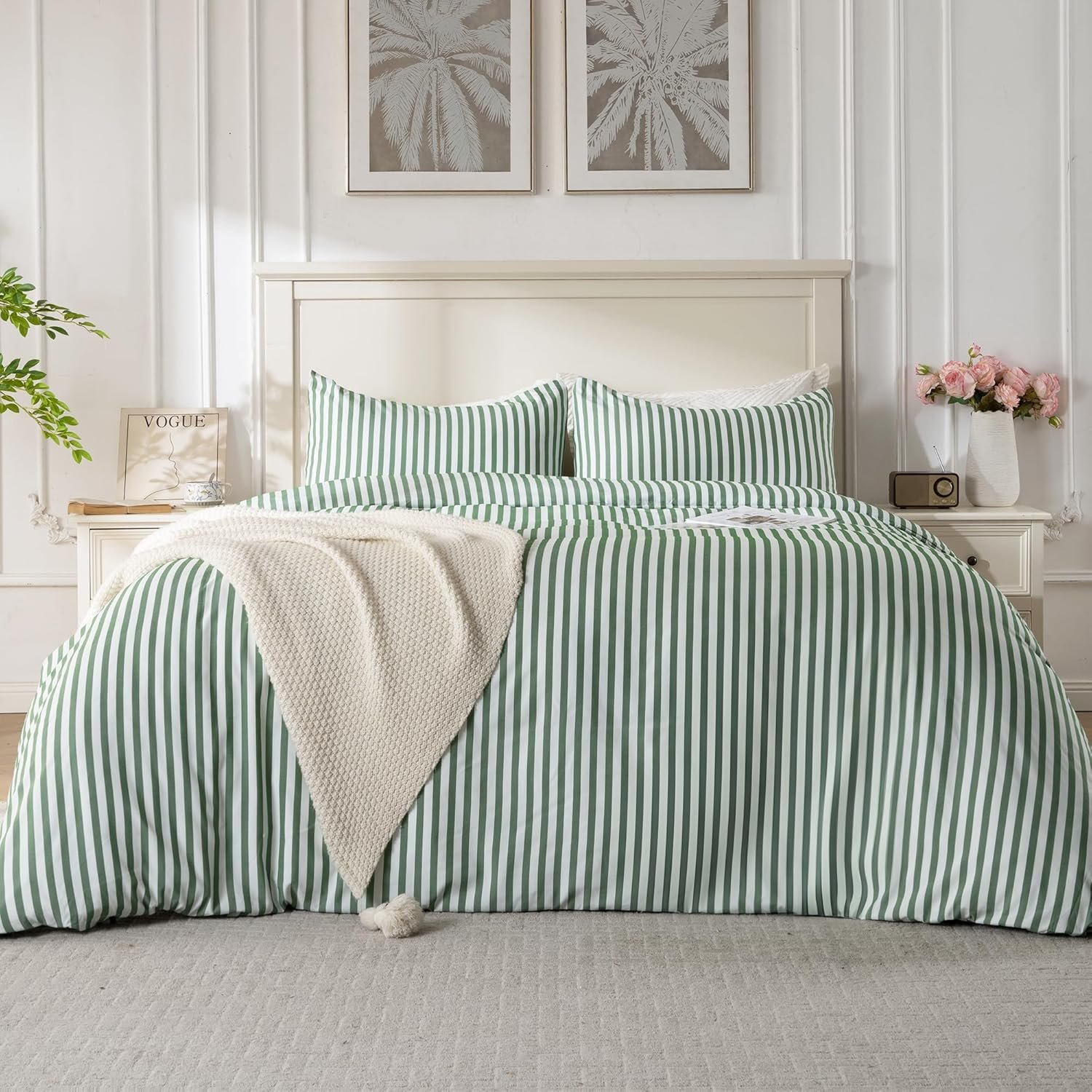 ROSE&RISY Queen Duvet Cover Set, 3 Pieces Soft Green Striped Comforter Cover with Button Closure, Breathable and Cooling,Includes 1 Duvet Cover, 2 Pillow Cases (Green Stripe, Queen Size)