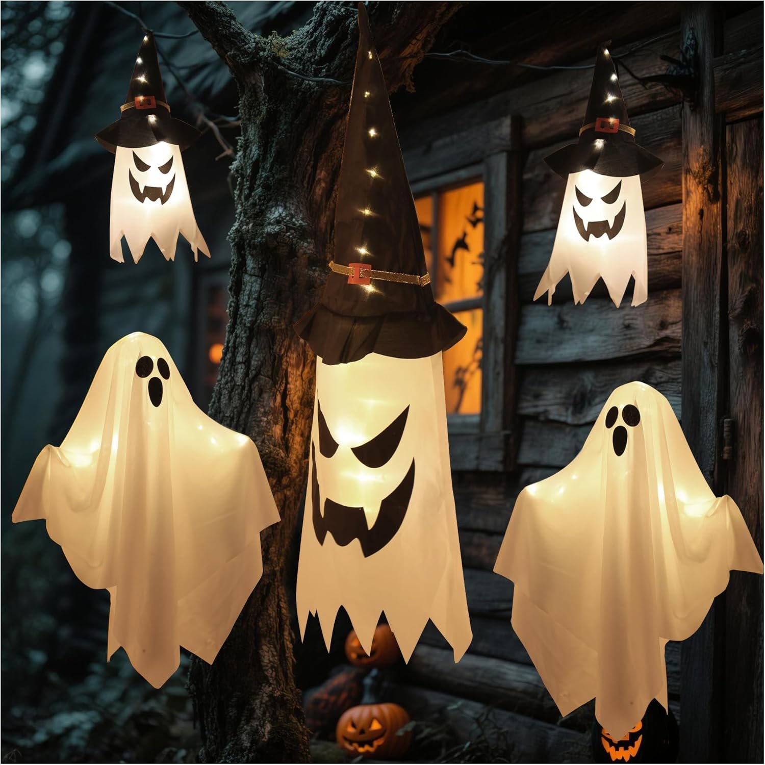 Halloween Decorations Outdoor Hanging Light Up Ghost, Set of 5 Glowing Ghost with White Ghosts and Illuminated Witch Hat Lights, for Yard Porch Lawn Home Front Door
