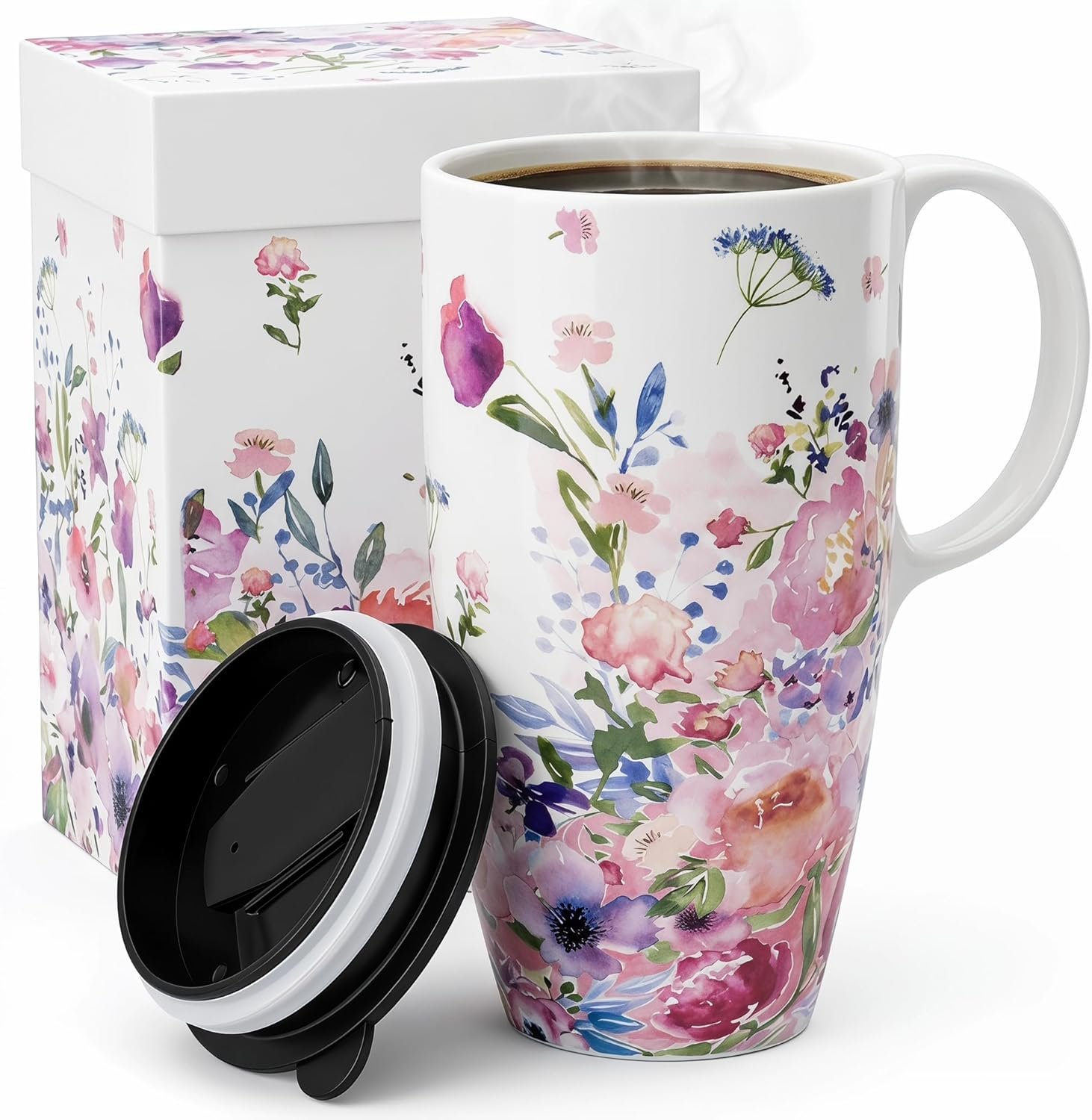 Topadorn 17oz Ceramic Travel Mug with Lid and Handle, Watercolor Floral Coffee Cup, Microwave & Dishwasher Safe, Reusable Tea Mug in Gift Box
