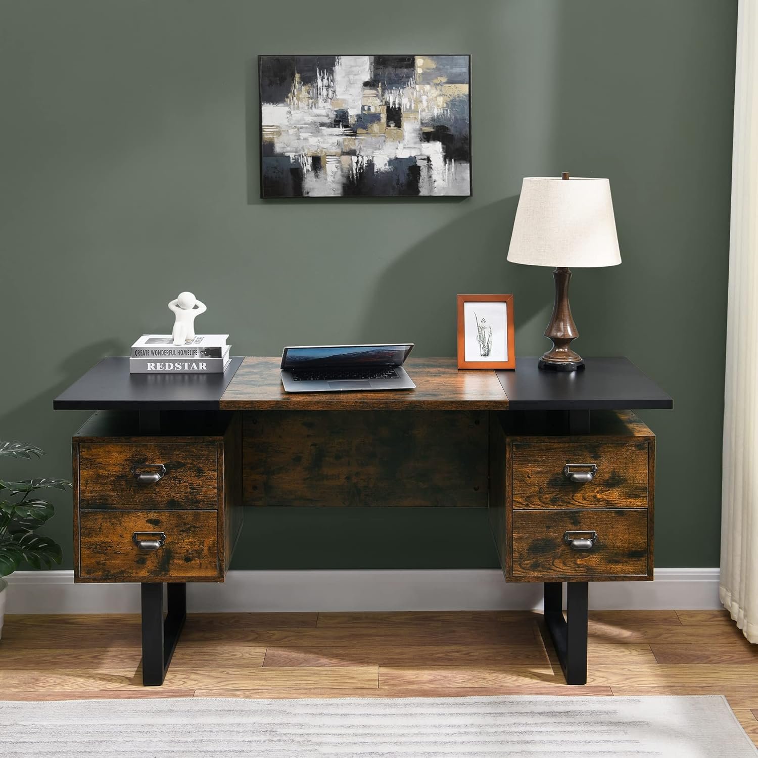 Computer Desk with Drawers 59″ L Contemporary Home Office Laptop Desk with Floating Desktop and 4 Storage Drawers Vintage Study Gaming Table with Metal Frame Black & Rustic Brown CTSZ20401CM