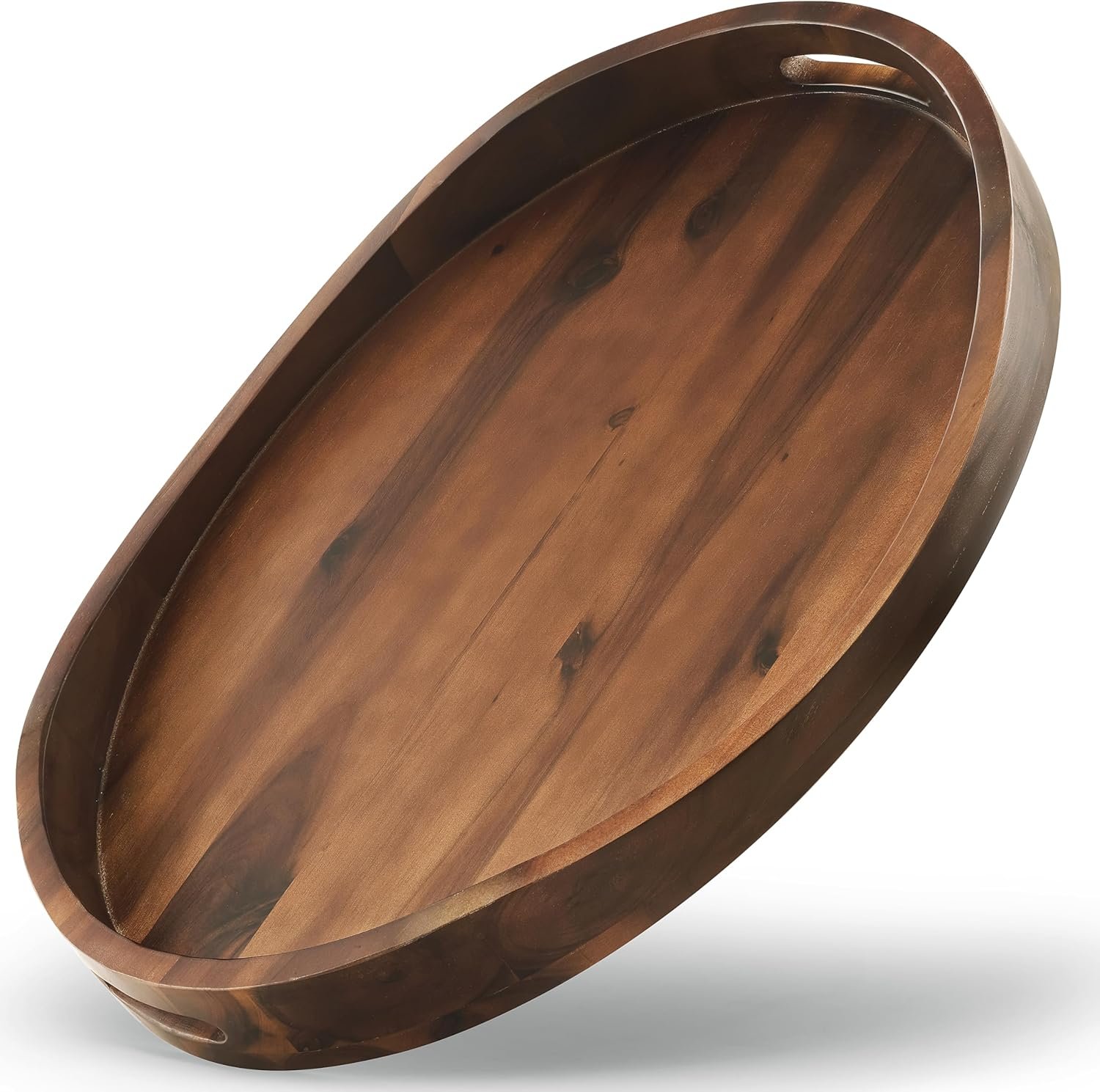 TIDITA Acacia Oval Wooden Serving Tray with Handles – 16.5″ x 13″ Ottoman Table Oval Wooden Tray – Round Serving Tray – Ottoman Tray for Living Room, Coffee Table Decor, Serving Platter, Walnut Color