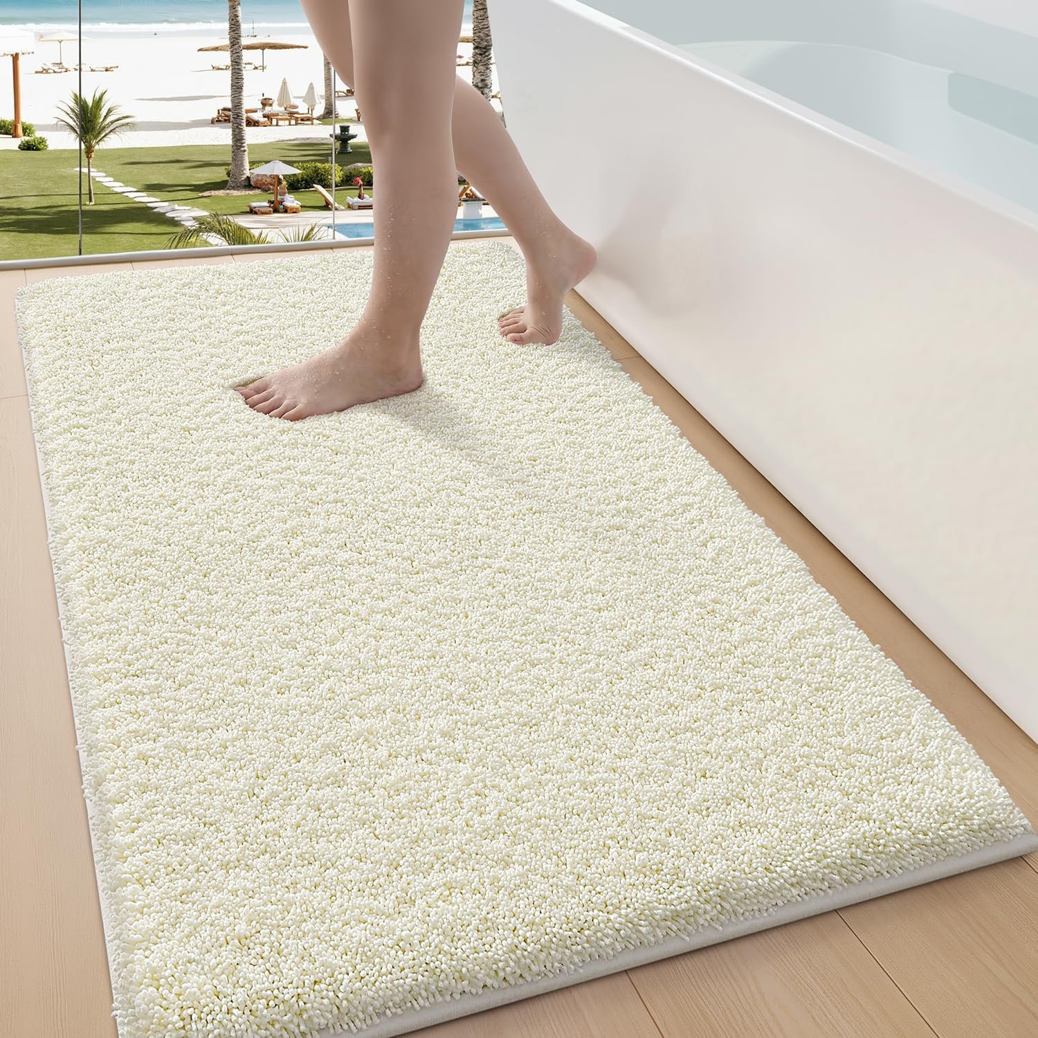 LUMI Cream Bathroom Rugs with Rubber Backing, 24×36 Absorbent Extra Thick Soft Plush Microfiber Bath Mat, Machine Washable Carpet for Bathroom Shower, Tub, Sink