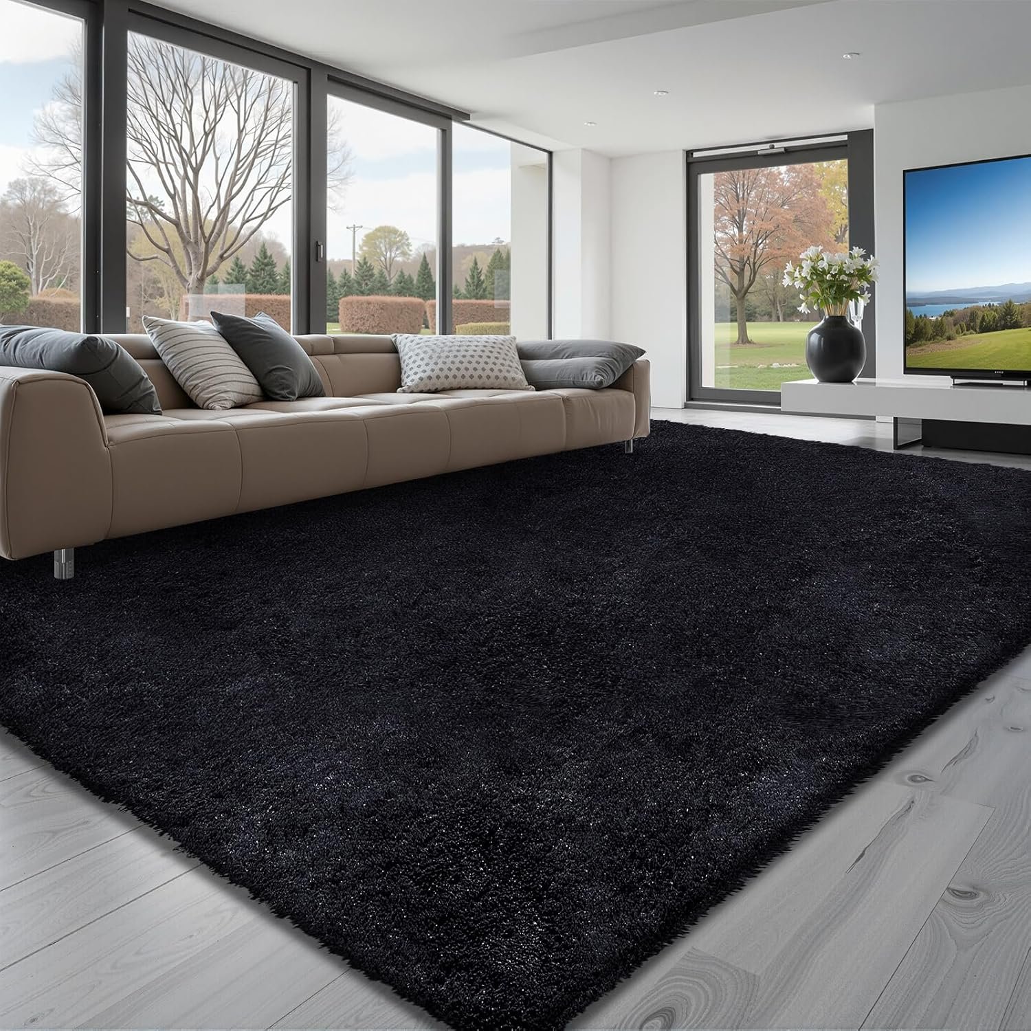 VEVOR Indoor Plush Area Rug, 8×10 ft Plush Carpet, Living Room Area Rug Fluffy with Triple-Layer Material, Soft Thick Pile Large Areas Rugs Shag for Bedroom, Lounge Area, Non-Shedding, Black