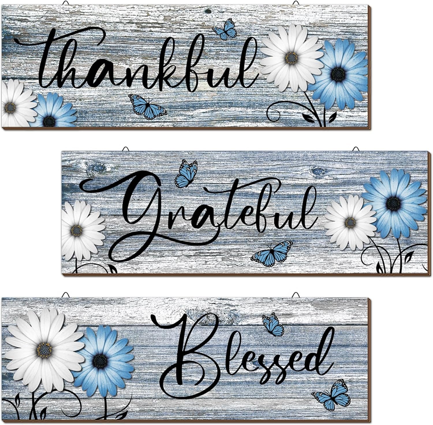 Geetery 3 Pcs Thankful Grateful Blessed Wooden Signs Rustic Daisy Wood Wall Decor Inspirational Wall Art Signs Rustic Wooden Hanging Decorations for Bedroom Kitchen Living Room Bathroom Home (Blue)