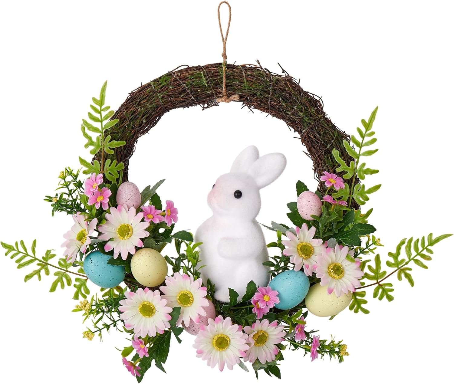 Easter Wreath, Easter Decorations 16inch Easter Front Door Wreath with Easter Bunny and Colorful Flowers and Decorative Eggs, Spring Front Door Decoration for Home Party and Holiday Celebrations