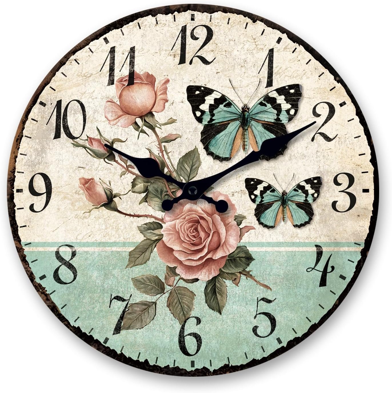 XFM Vintage Floral Wall Clock 10 Inch Silent Non-Ticking Battery Operated Blue Butterfly Rose Wooden Wall Clocks for Kitchen Living Room Bedroom Farmhouse