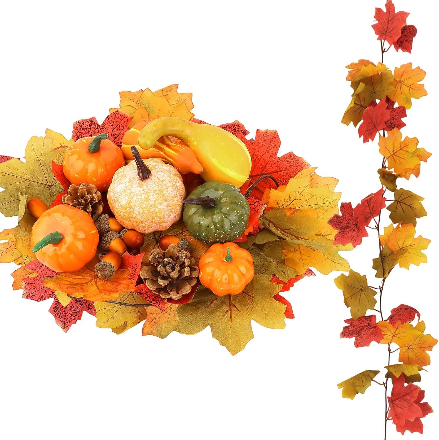 Jaciya 51pcs Fall Leaves Decor Set Thanksgiving Decorations Mini Pumpkins for Decorating Fall Garland for Mantle Harvest Decor
