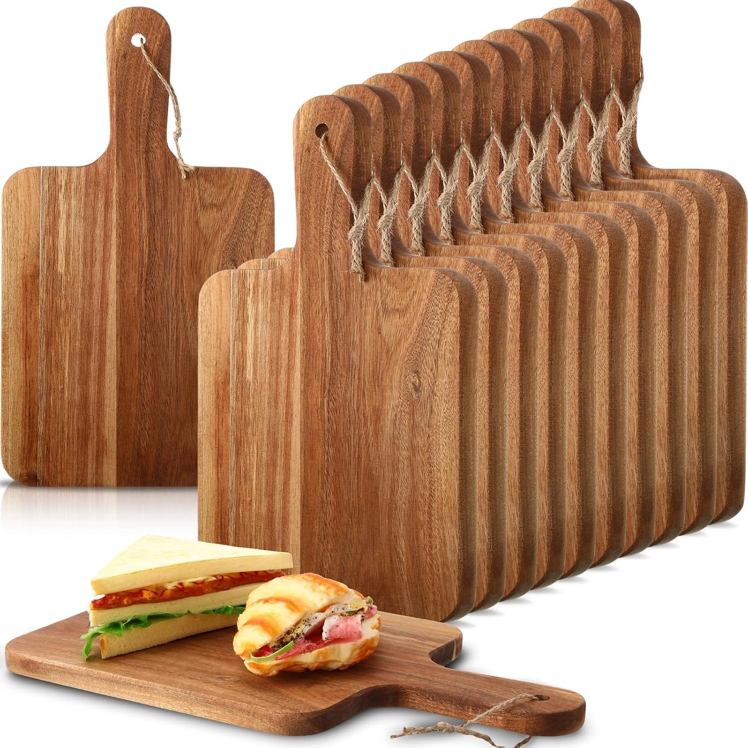 Geetery Acacia Wood Cutting Board Bulk Wooden Charcuterie Boards with Handles, Serving Chopping Boards for Kitchen, Pizza, Bread, Vegetables, Laser Engraving, Housewarming Gifts(14 x 8 Inch)