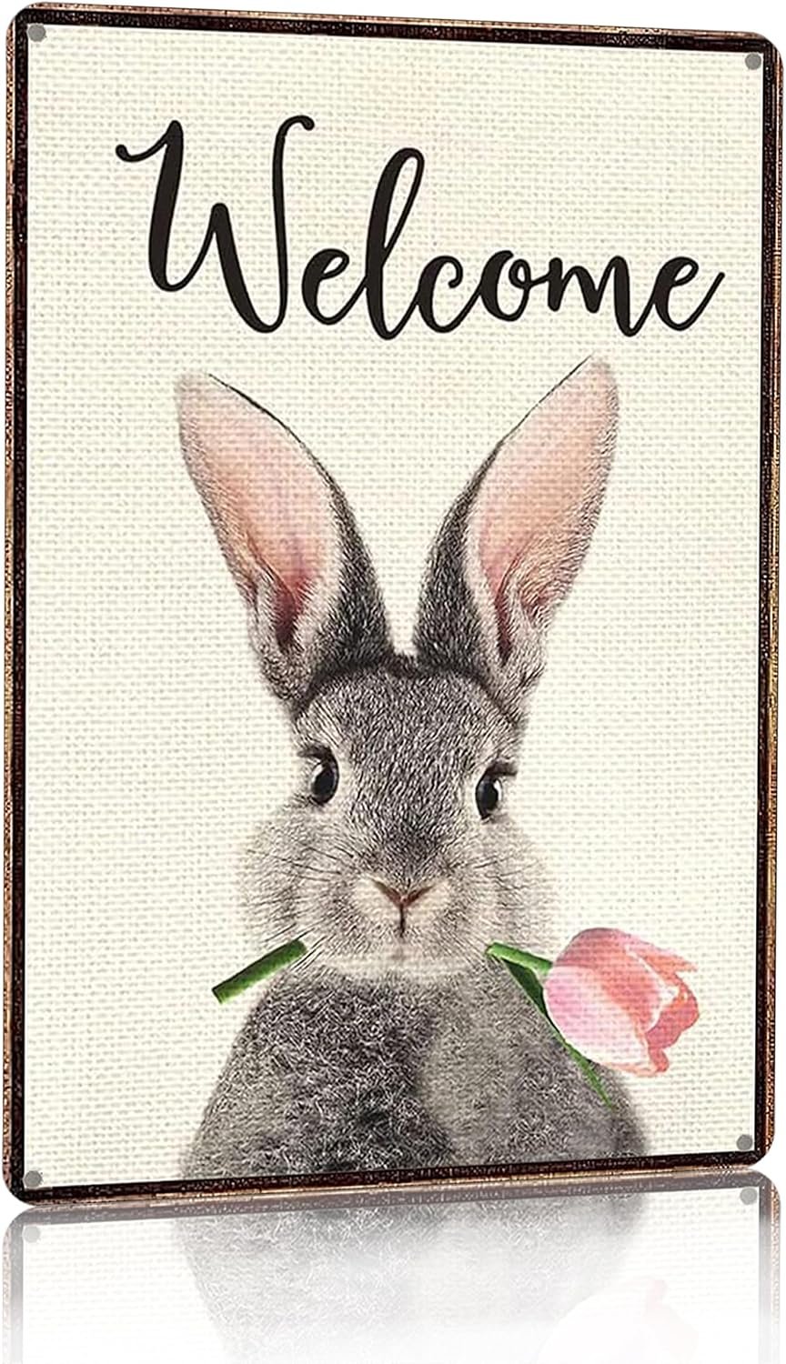 Smilelife Funny Bunny Tulip Welcome Vintage Tin Sign for Home Room Yard Garden Party Spring Decor 8 x12 Inch (3093)