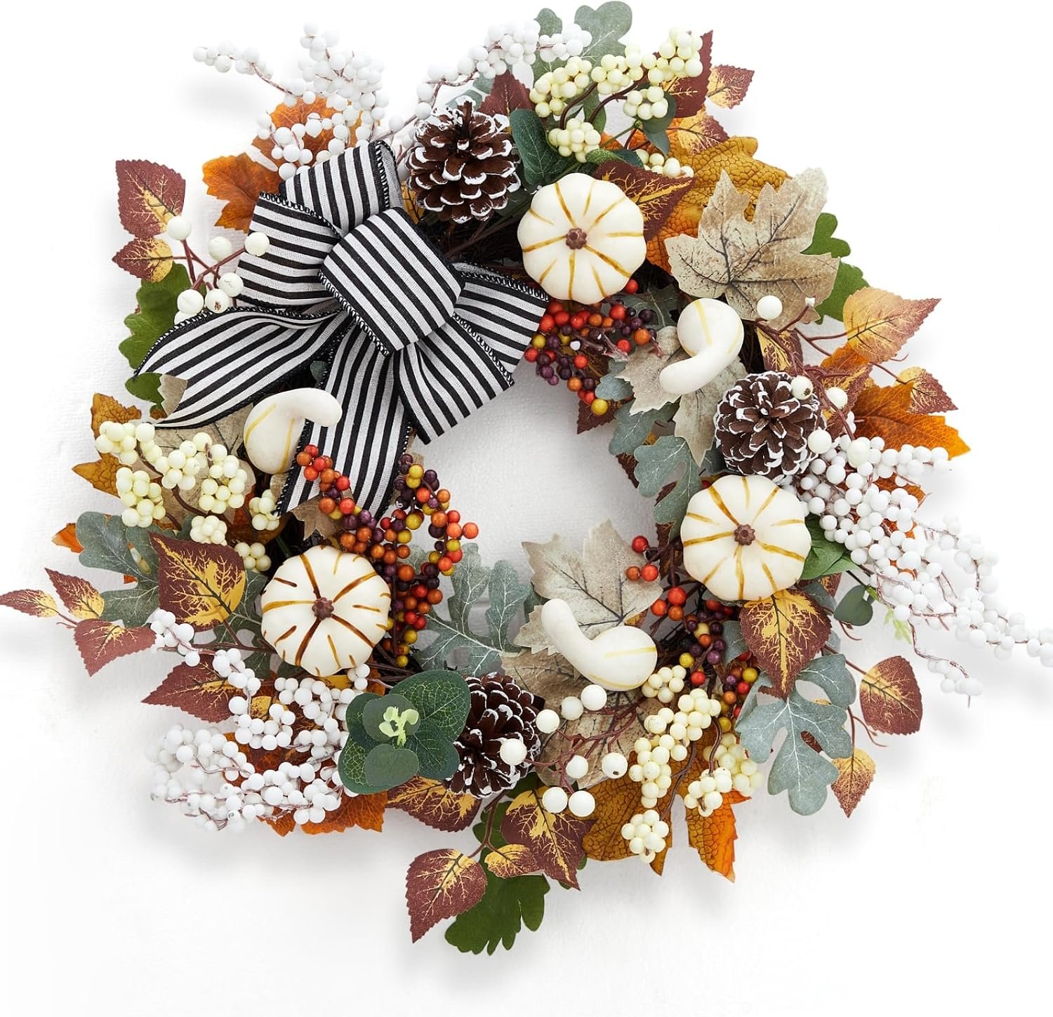 GarveeHome 20 in Fall Wreaths for Front Door, Fall Decorations for Home Pumpkin Wreath with Bow Leaves Pine Cones, Autumn Wreath for Wall Window Outdoor Porch Thanksgiving Harvest Decor