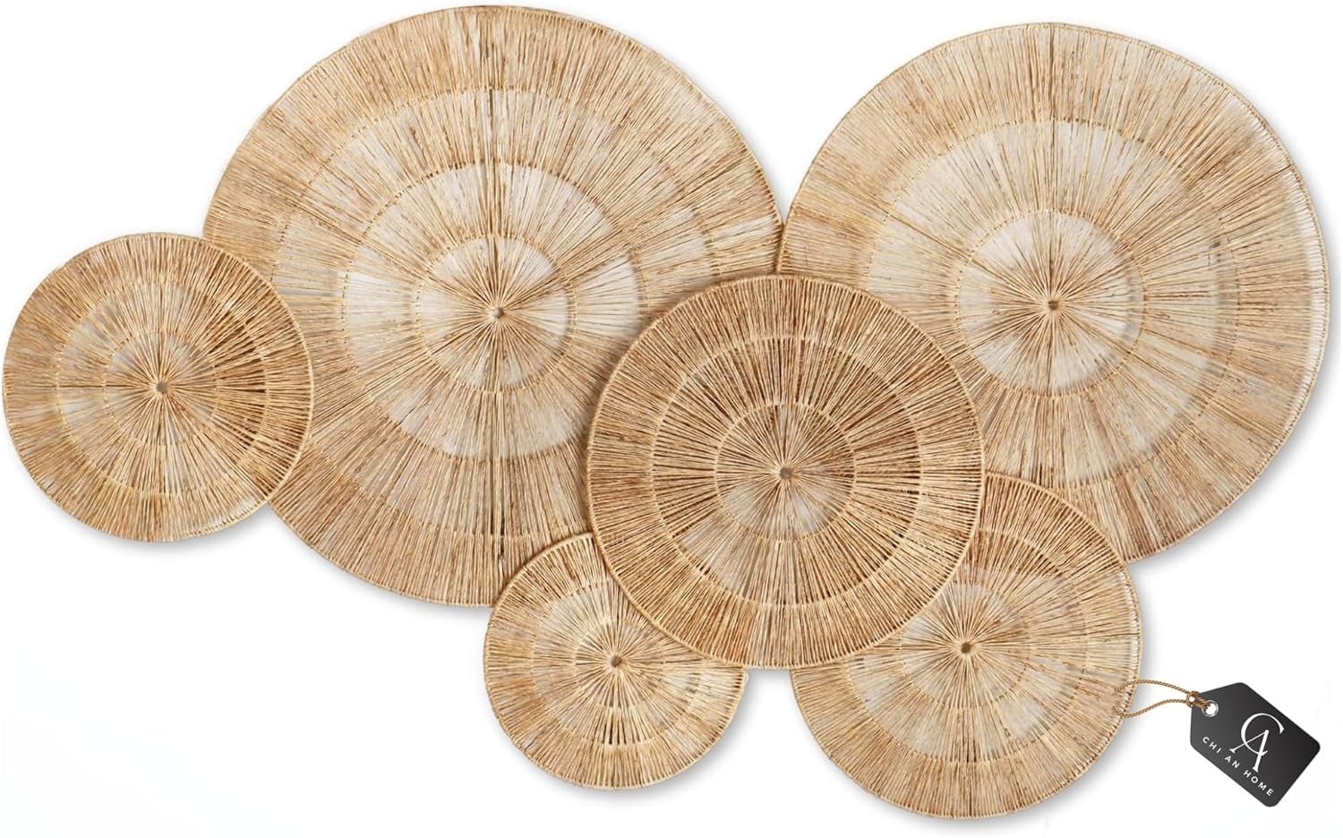 CHI AN HOME Wicker 23 Inch Jute Wall Decor Baskets, Set of 6 Extra Large Woven Jute Wall Plates, 23″,21″,15″,13″,12,10″, Decorative Baskets for Wall Arts, Wall Hanging for Bedroom, Living Room, Office