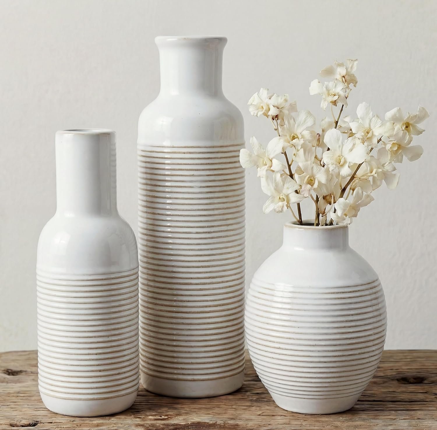 Rustic Farmhouse Vase Set of 3 – Ceramic Decorative Flowers Vases Home Decor – Pampas Grass Dried Fresh Flowers – for Centerpiece, Table, Mantel Entryway, Kitchen, Bedroom (White)