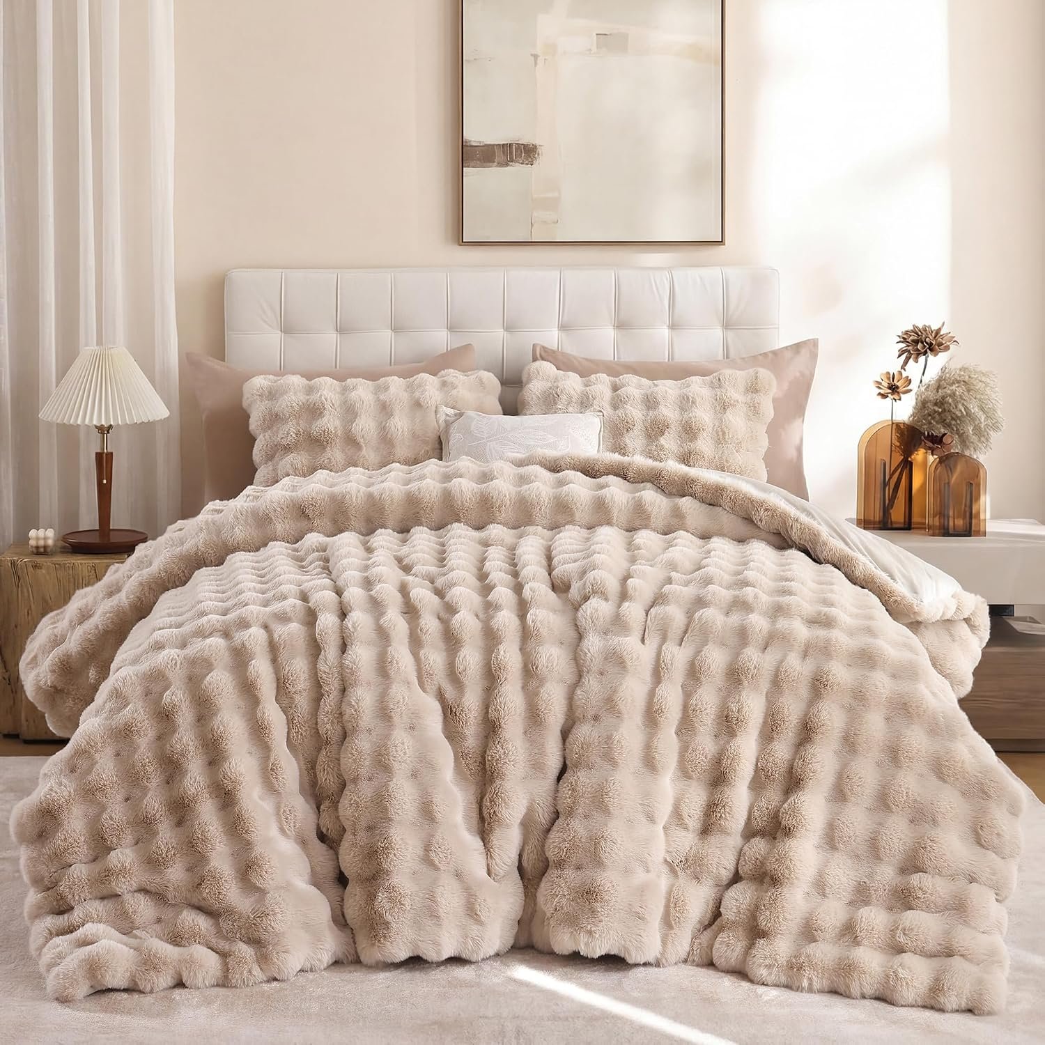 YIKUSH Linen Comforter Set Queen – Luxurious Faux Fur Comforter for Winter, Fluffy Comforter Queen Set with 2 Pillowcases, Soft Warm Linen Bedding Set