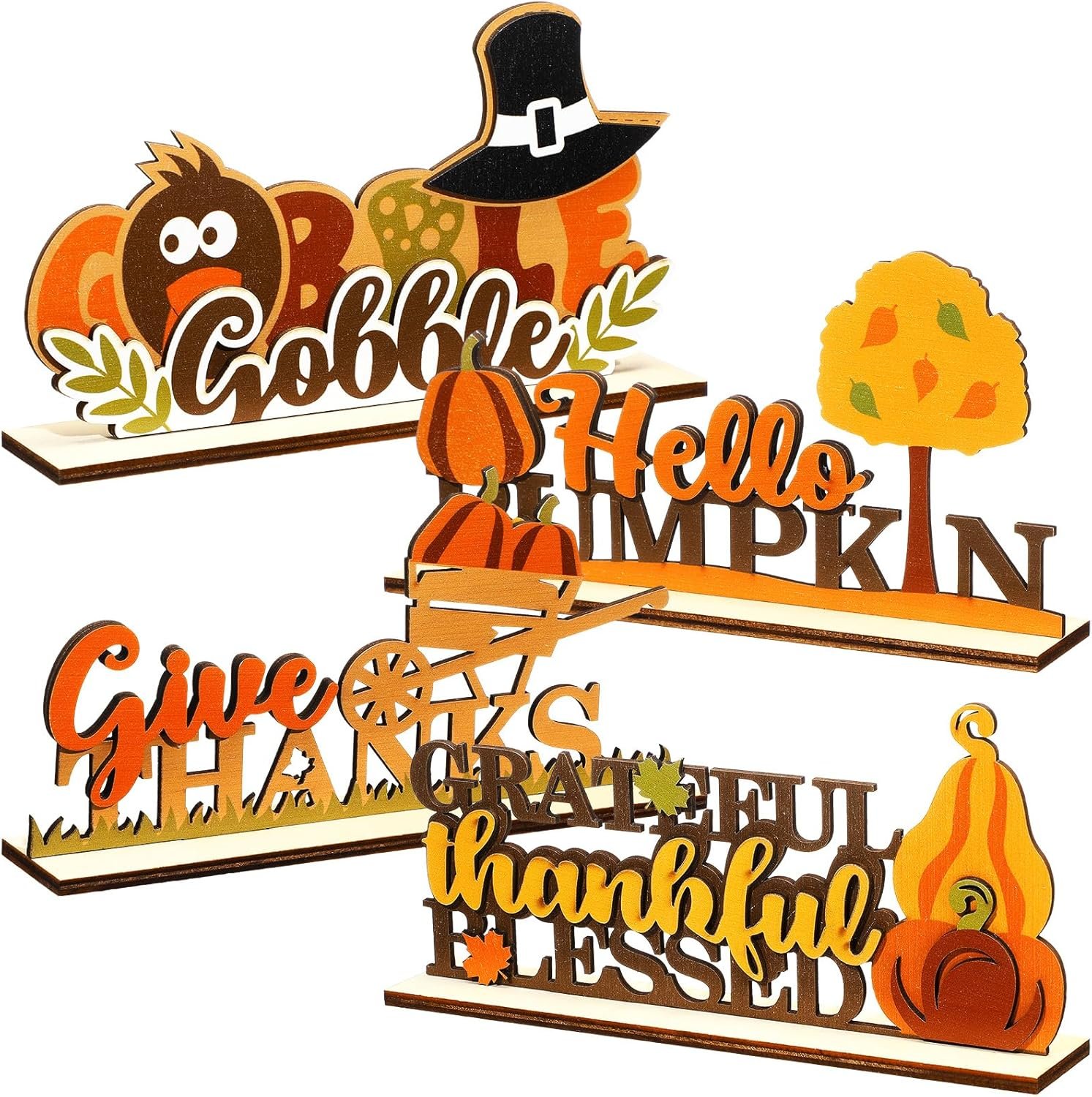 GlikCeil 4 Pieces Thanksgiving Centerpieces for Table Decoration Gobble Hello Pumpkin Give Thanks Fall Wood Sign Autumn Tiered Tray Decor for Thanksgiving Party Kitchen Home Office Shelf