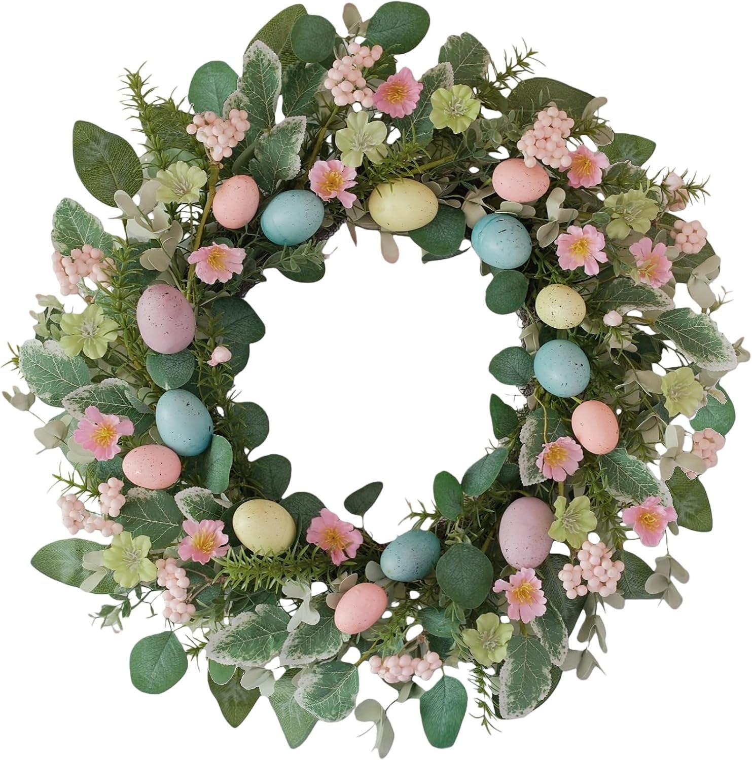 24 Inch Easter Wreath for Front Door – Spring Summer Decor with Pink Berries, Eucalyptus Leaves, Faux Eggs & Fabric Flowers, Indoor Outdoor Wall Window Wedding Home Decor