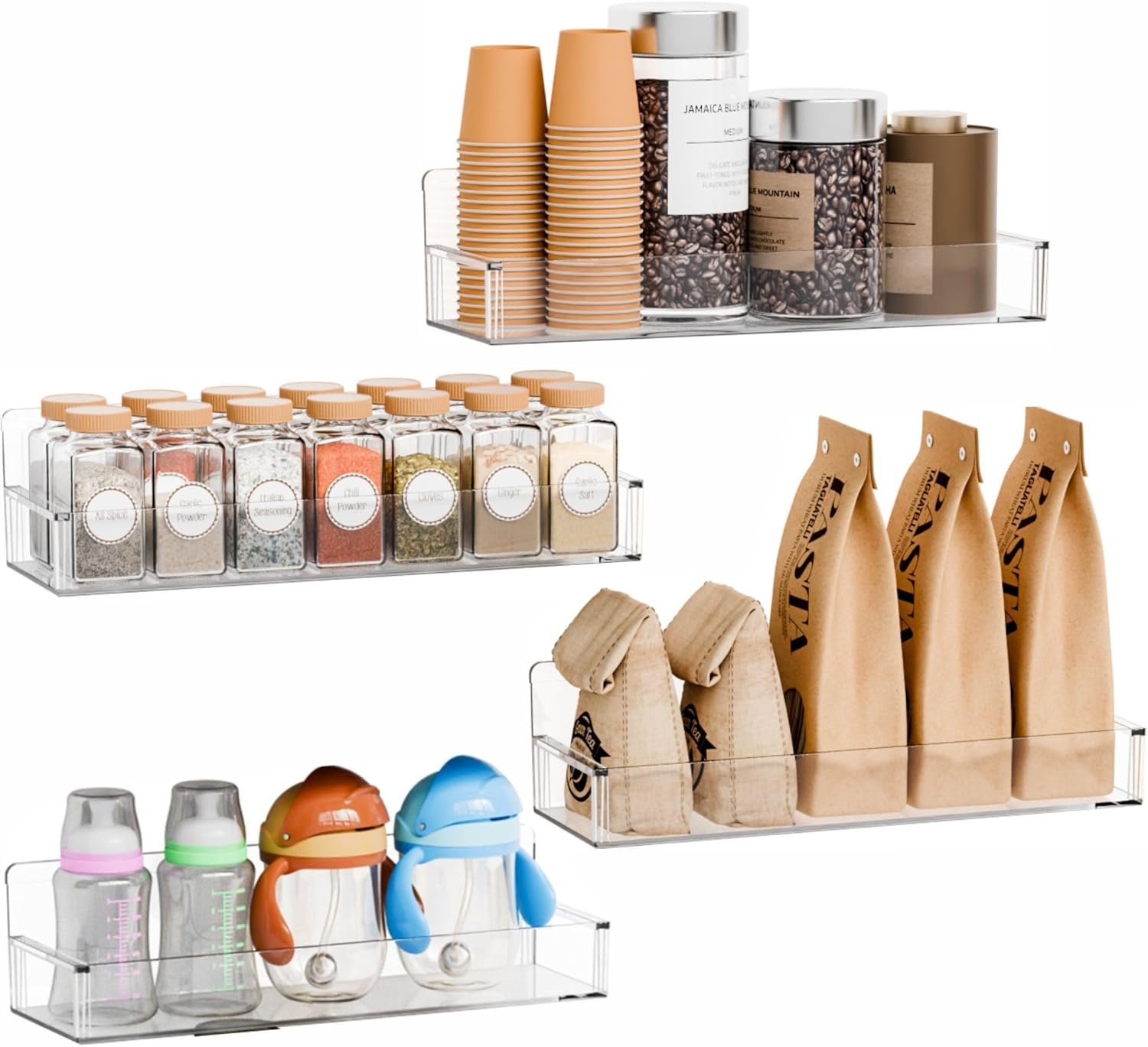 Yieach 4 Pack Clear Spice Rack Wall Mount with Adhesive,11.5″L x 3.6″W,Stick on Seasoning Jar Spice Organization for Cabinet Door or Pantry Door,Adhesive Wall Spice Rack for RV,Kitchen,Inside Cabinets