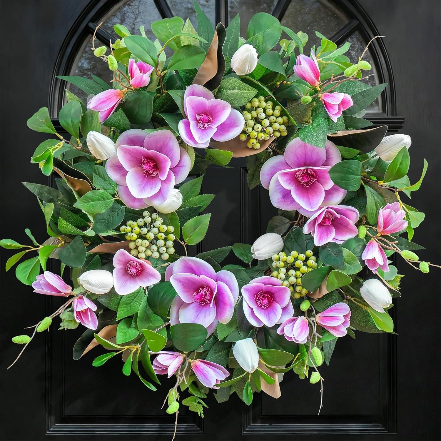 Spring Wreaths for Front Door Outside– 24 Inch Spring Door Wreath with Pink Magnolia and Anemone Floral Wreath with Greenery,Colorful Welcome Summer Wreaths for Front Door (Pink)