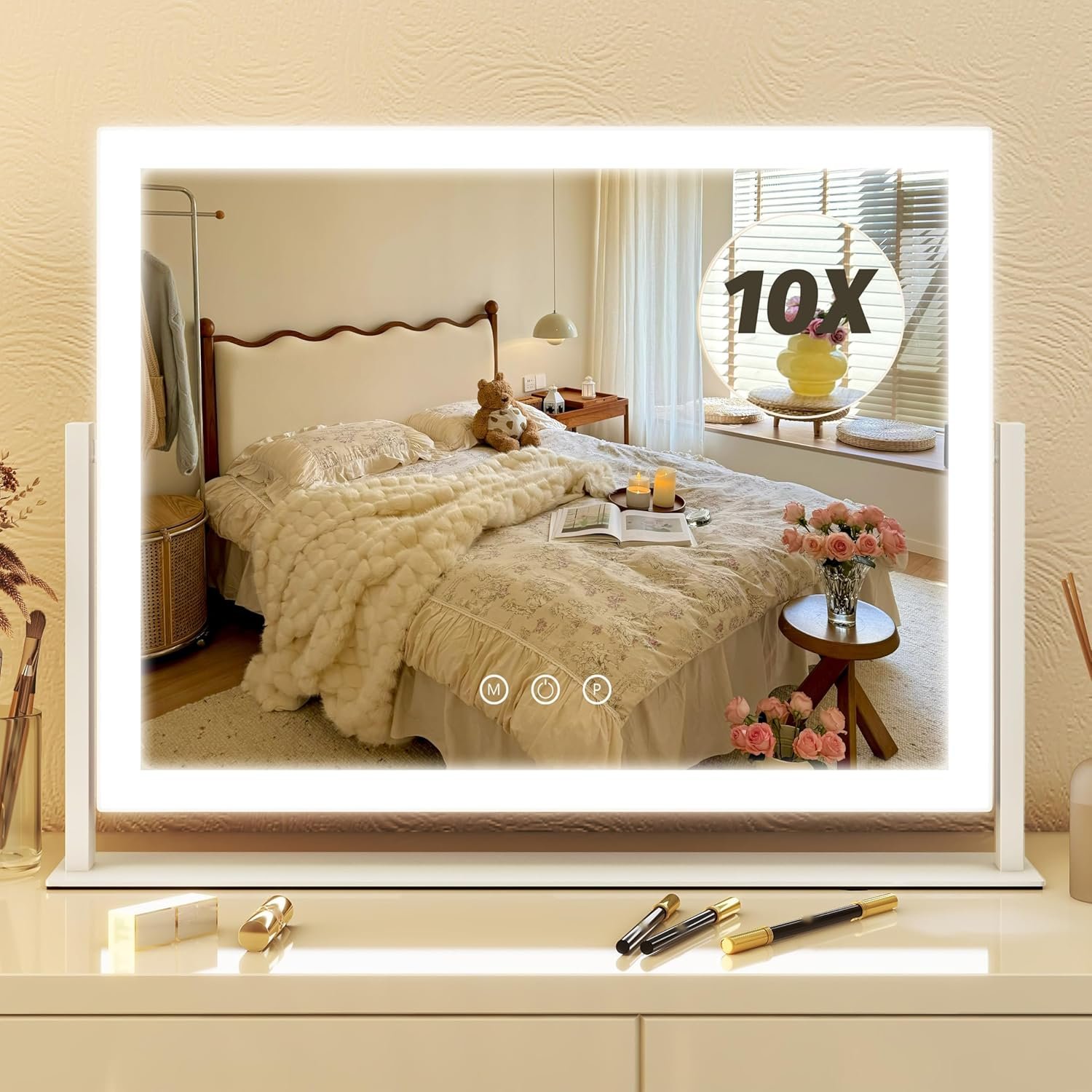 FENNIO Vanity Mirror with Lights 13” x 17” Makeup Mirror with Lights,Vanity Mirror Touch Screen with 3-Color Lighting,Dimmable,for Vanity Desk Bedroom White
