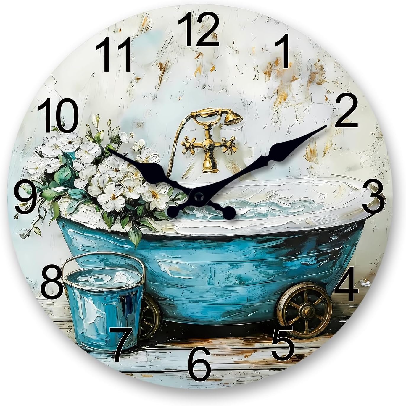 XNM Farmhouse Wooden Wall Clocks Battery Operated 10 Inch Small Blue Wall Clock for Living Room Bedroom Vintage Bathtub Wall Clock Non Ticking