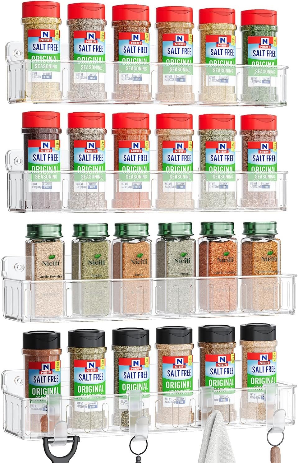 Nieifi Spice Rack Wall Mount, 4 Pack, Clear, 2 Inch Wide, Screw or Adhesive Installation, Spice Rack Organizer for Small Spice Jars, Suitable for Kitchen Cabinet or Pantry Door