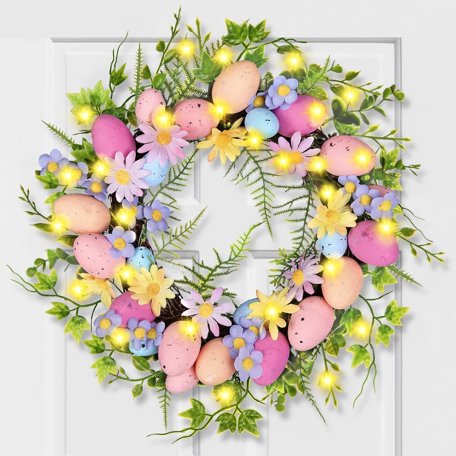 Easter Egg Wreath for Front Door – Pastel Eggs & Daisy Decor Porch Window Spring Wreaths with Fern Foliage Indoor Outdoor Decor for Easter Holiday Celebrations Decorations