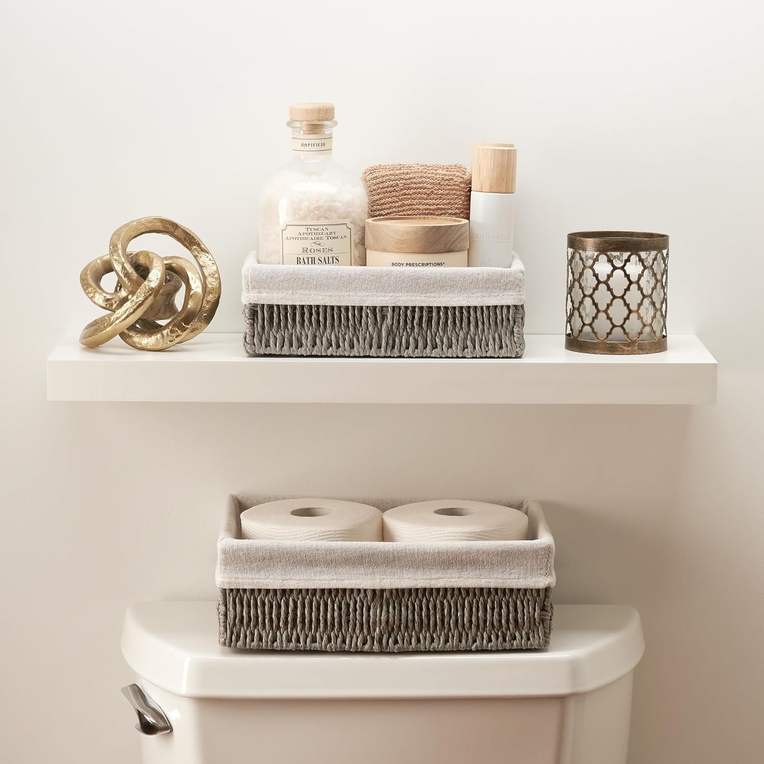 Beautiful Toilet Paper Storage Basket Set of 2 – Decorative Wicker Bathroom Organizer for Toilet Tank Trays – Quality Holder Bin for Shelves Fits Perfectly with Any Bathroom Decor