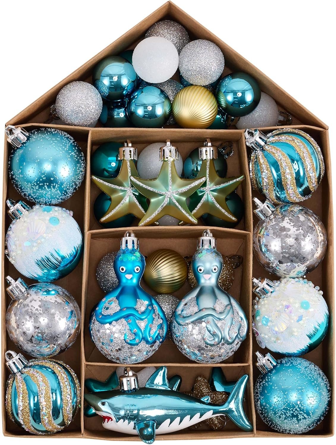 Valery Madelyn Summer Tree Ornaments, 45ct Teal Aqua Blue Shatterproof Nautical Beach Coastal Decor, Ocean-Themed Christmas in July Tree Decorations, Hanging Starfish Octopus Shark for Tropical Party