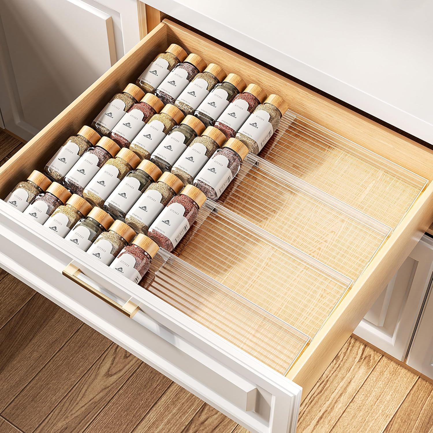 MUDEELA Clear Spice Drawer Organizer, 4 Tier- 2 Set (8 Packs) Spice Rack for Drawer, Expandable From 11″ to 22″ Kitchen Seasoning Organizers and Storage for Drawer (Jars not included)