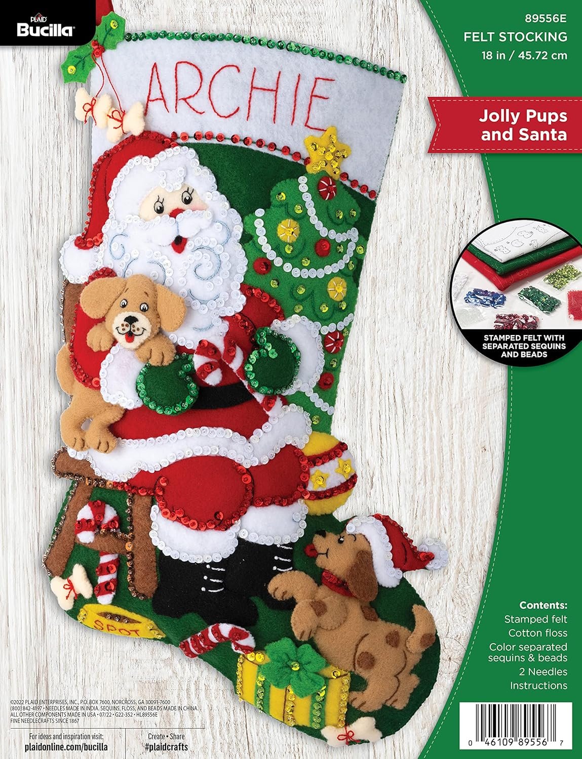 Bucilla Felt Applique 18″ Stocking Making Kit, Jolly Pups Santa, Perfect for DIY Arts and Crafts, 89556E