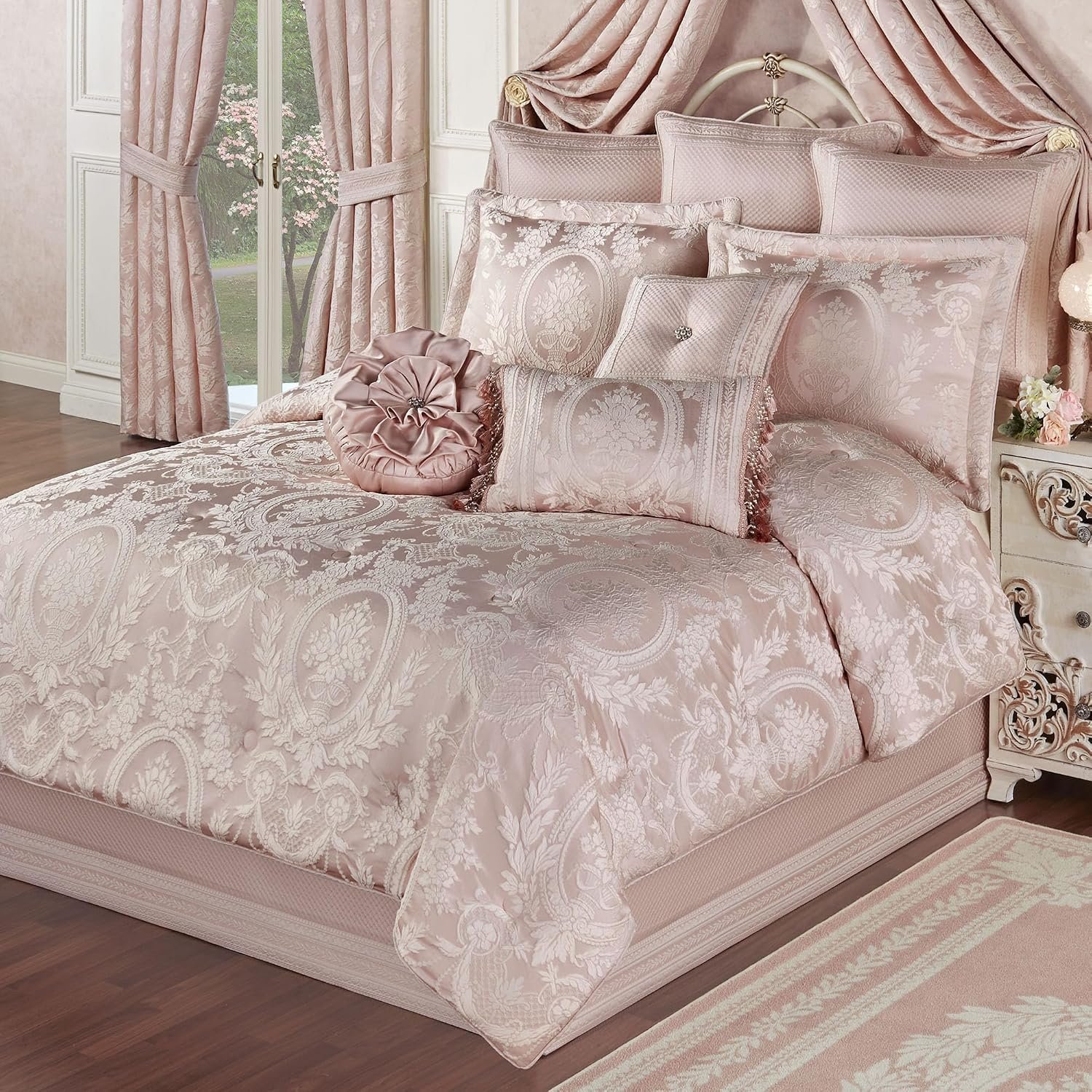 Marquessa Luxury Bedding | Soft Pearl and Pastel Blush Pink | Puff Jacquard-Woven | 11 Pc Bed Set: Queen Comforter, Bedskirt, 2 Standard Shams, 2 Euro Shams, 2 Euro Pillow Inserts and 3 Accent Pillows