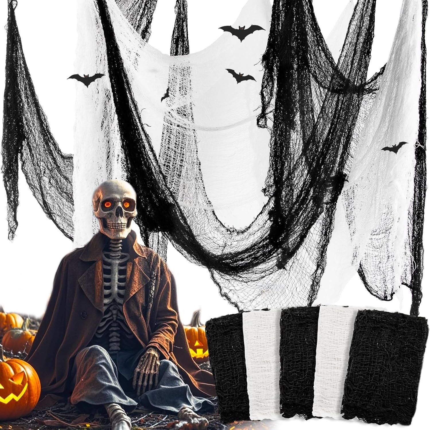MAQIHAN 5Pcs Halloween Creepy Cloth – 30×72inch Halloween Decorations Outdoor Indoor Clearance,Creepy Spooky Cloth Decor Black Gauze Props for Escape Room,Bar,Haunted House,Garden(3Black + 2White)