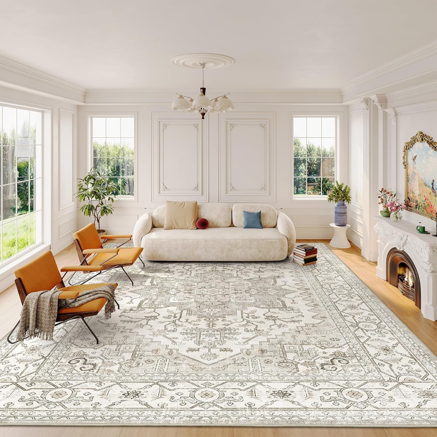 befbee 8×10 Area Rugs for Living Room, Stain Resistant Neutral Washable Rugs for Dining Room, Vintage Non-Slip Thin Large Size Beige Area Rug, Printed Vintage Home Decor Rug（Beige）