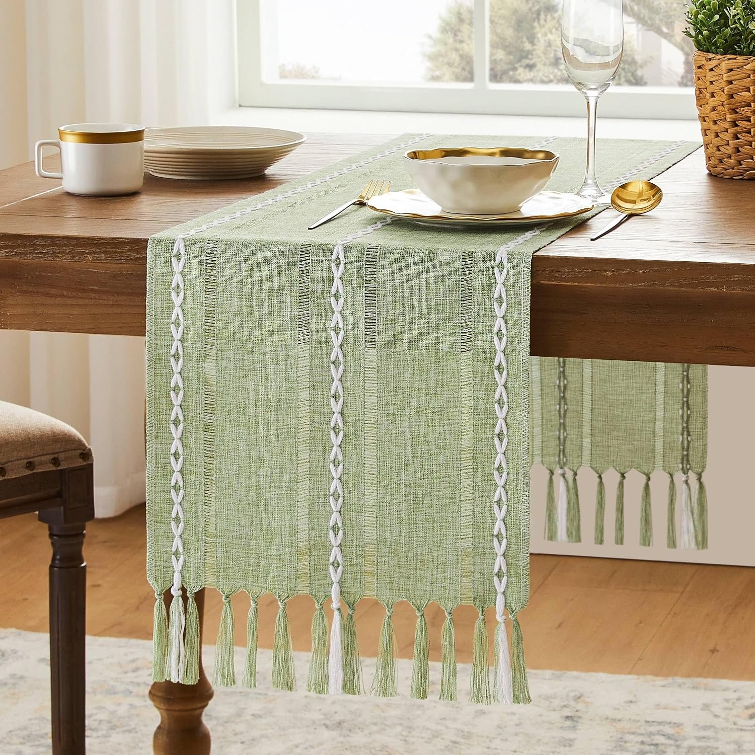 Hemstitched Farmhouse Table Runner, Sage Green 13×72 Inch, Cotton Linen Table Runners 72 Inches Long, Embroidered Striped Sage Green Boho Table Runner Rustic Home Decor
