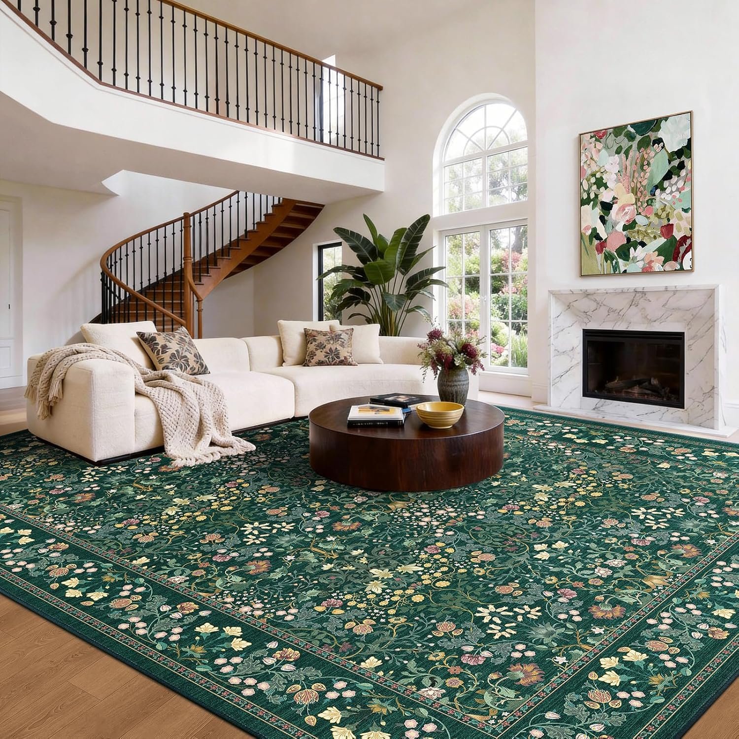 AMADA HOMEFURNISHING 8×10 Washable Area Rugs for Living Room, Non-Slip & Low-Profile Floral Large Area Rug with Durable Edge Binding, Soft Rugs for Living Room, Bedroom, Dining Room