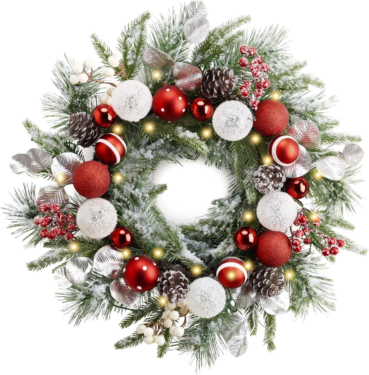 Valery Madelyn 20” Pre-Lit Christmas Wreath for Front Door with Light, Lighted Christmas Door Wreath with Red White Xmas Ball Norfolk Pine Branches for Home Porch Fireplace Window Holiday Decor