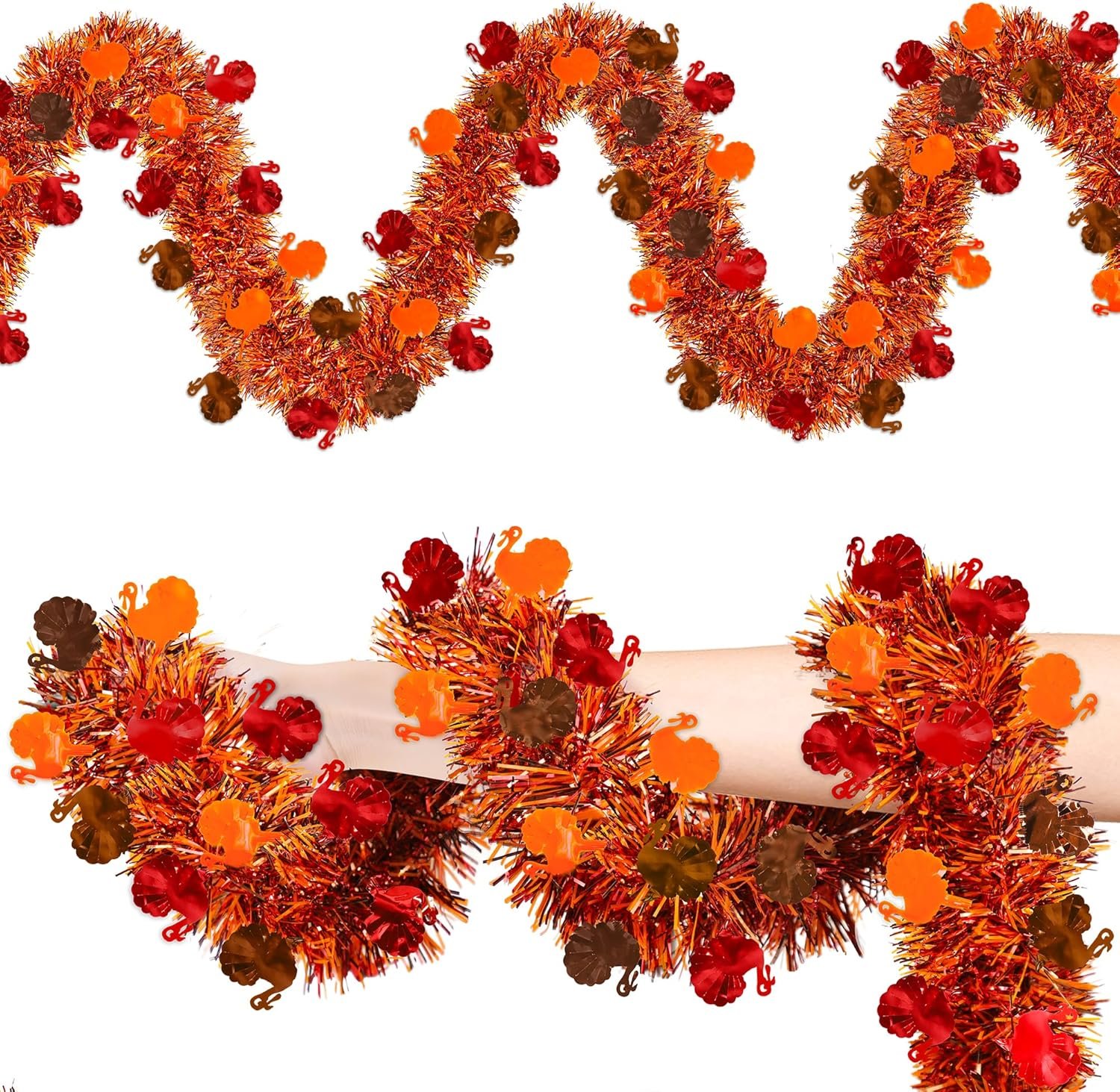 50Ft Thanksgiving Tinsel Garland Decorations with Turkey Orange Brown Red Shiny Metallic Twist Fall Hanging Garland Ornaments for Home Mantle Fireplace Harvest Indoor Outdoor Party
