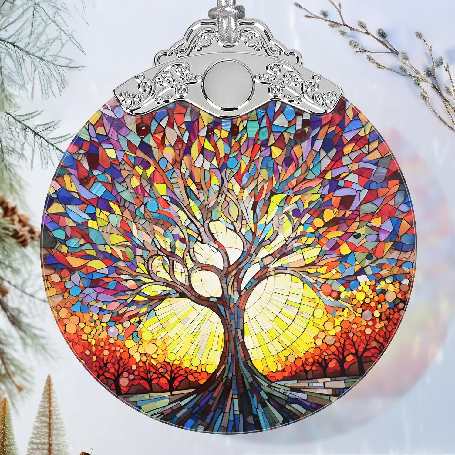 Jocidea Christmas Ornaments – Stained Glass Tree of Life – Traditional Christmas Decor – Multicolor – Glass – Hanging Ornaments – 1 Count – Unscented – Ideal for Gifting