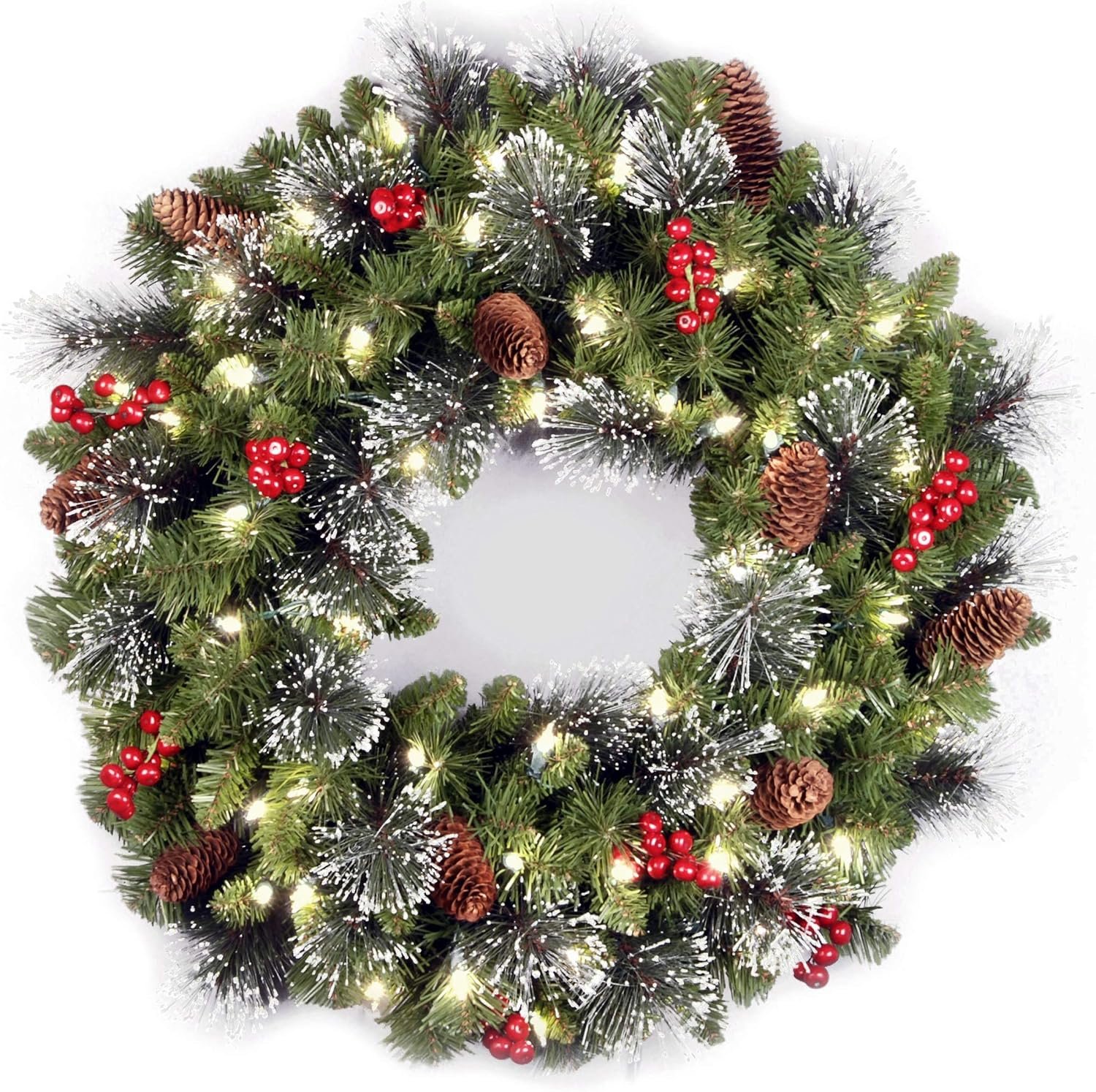National Tree Company 24 in Pre-Lit Crestwood Spruce Artificial Christmas Wreath, Christmas Decoration with Glitter, Pinecones, Red Berries, 50 Warm White LED Lights, 160 Tips, Timer, Green