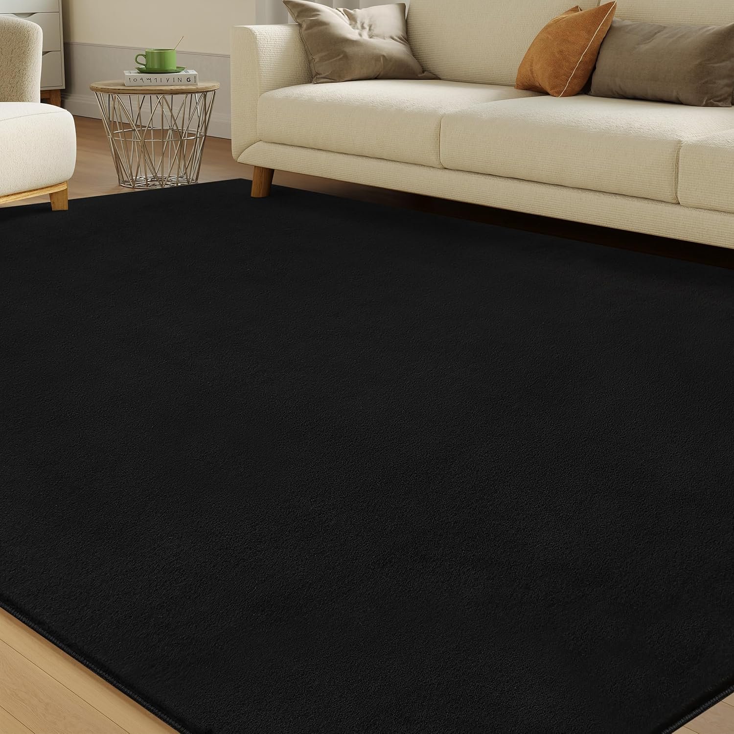 Solid Washable Area Rug – 8×10 Medium Pile Faux Cashmere Carpet for Living Room Bedroom, Black