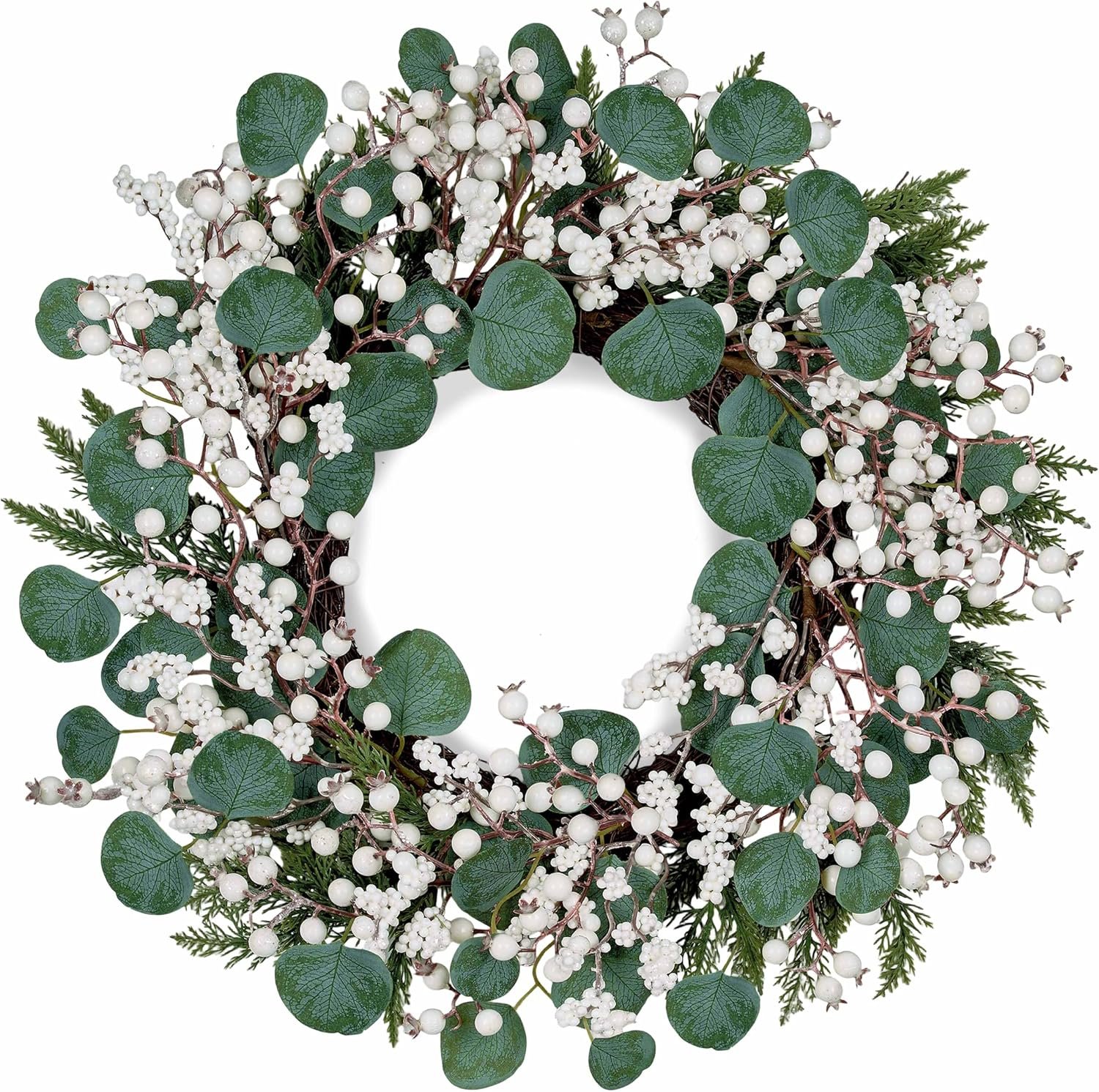 Artificial Winter Wreath 22inch Christmas Wreaths for Front Door White Berry Wreath with Eucalyptus Leaves Pine Needles White Berries for Xmas Wall Farmhouse Window Winter Holidays