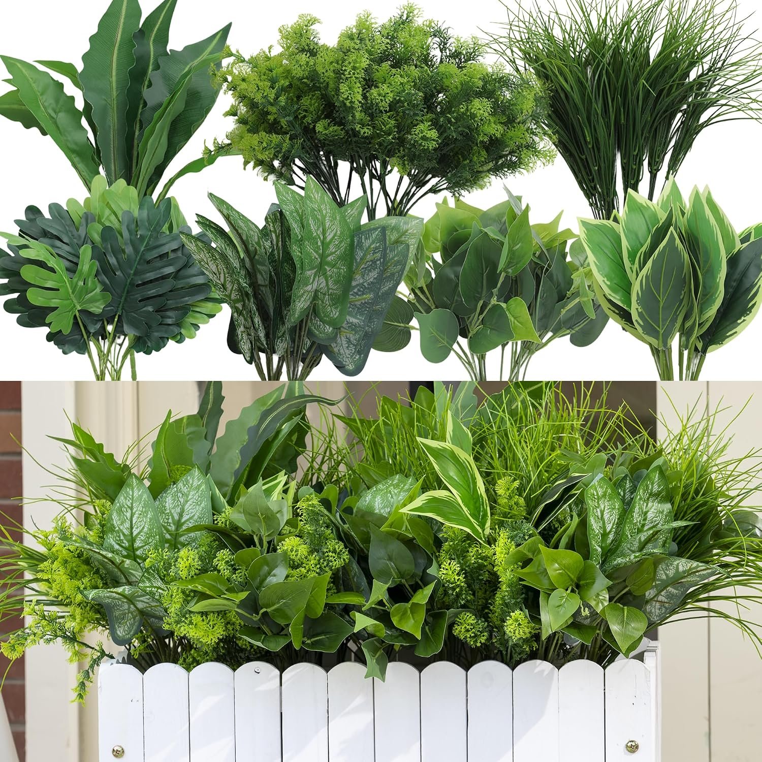 Green Moon 18PCS Artificial Plants Outdoor, Faux Greenery Stems for Outside | UV Resistant Faux Outdoor plants, Fake Shrubs Plants for Patio Garden, Front Porch, Window Box, Spring Summer Home Decor