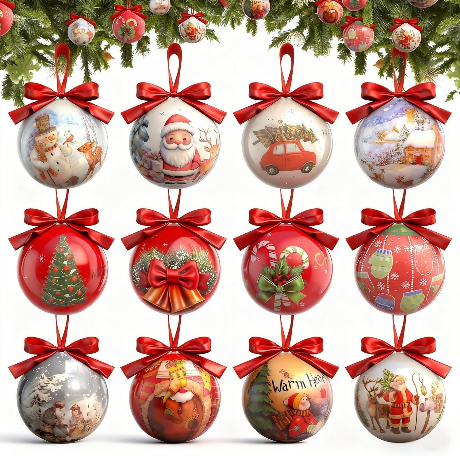 12Pcs Christmas Tree Ball Ornaments, 3.15 inch Vintage Christmas Hanging Decor with Santa Claus, Snowman&Reindeer Designs, Shatterproof Xmas Balls for Christmas Tree Decoration