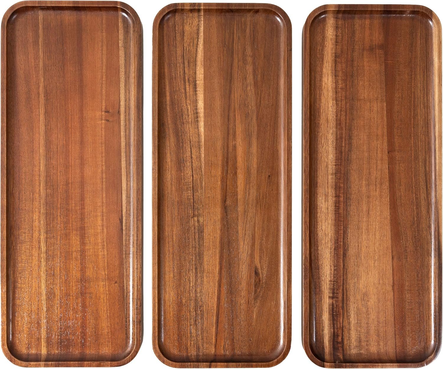 Large Solid Acacia Wood Serving Trays (17 x 6.5 inches) Rectangular Wooden Serving Platters for Home Decor, Food, Vegetables, Fruit, Charcuterie, Appetizer Serving Tray, Cheese Board (Set of 3 Plates)
