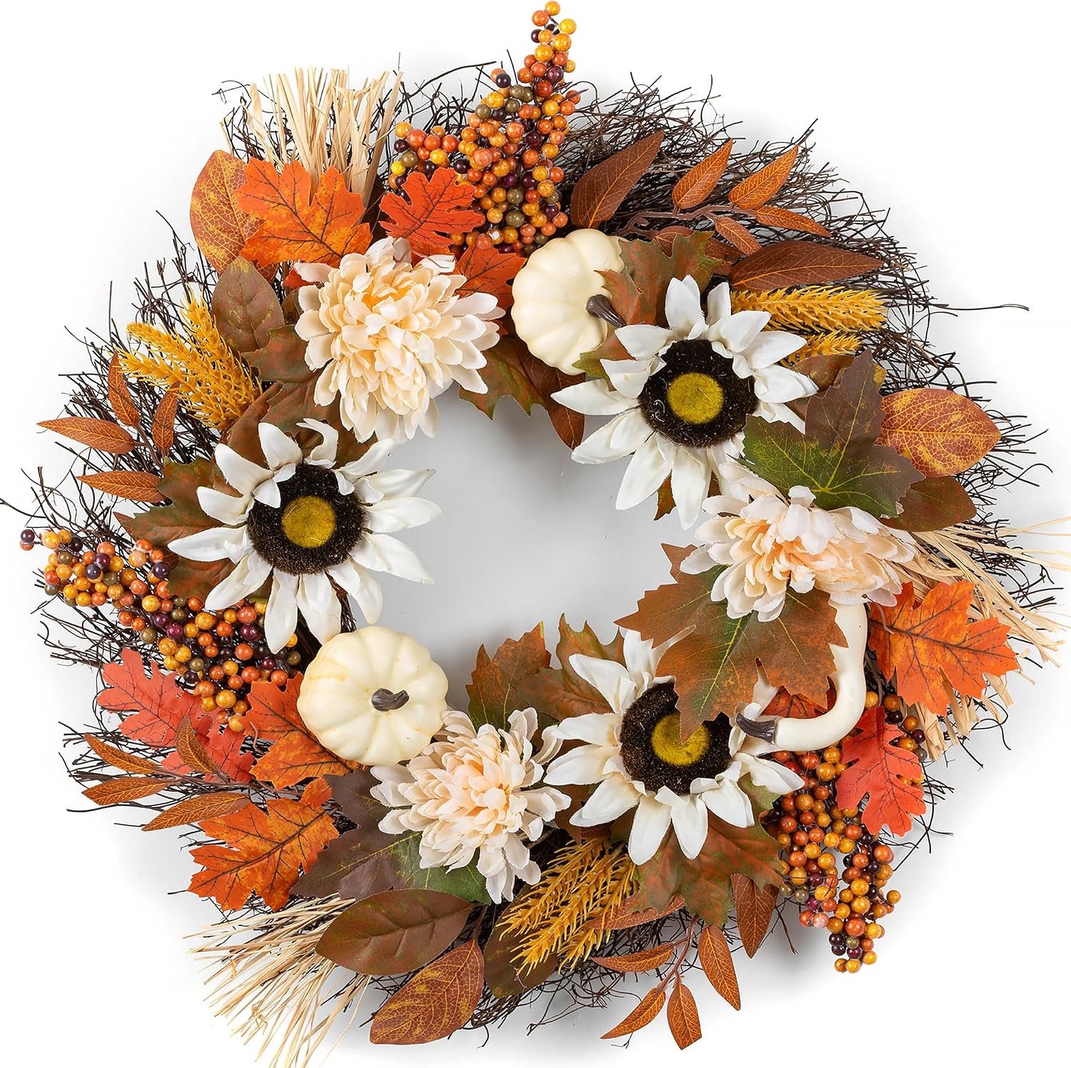 Fall Wreaths for Front Door Decor – Walasis 20 Inch Thanksgiving Wreath with Maple Leaves White Pumpkin Daisy Sunflower Wreath Autumn Harvest Decorations for Table Front Porch